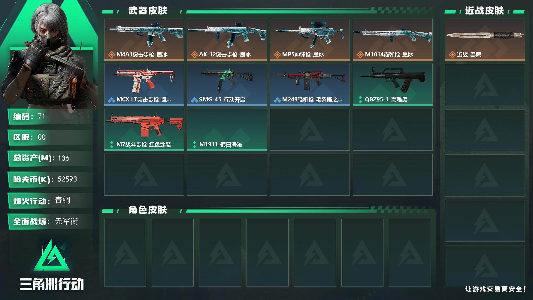 三角洲行动账号QQ【71】136m总资产52593k哈夫币60烽火等级青铜1战场等级无军衔
【近战皮肤】近战黑鹰
【传
