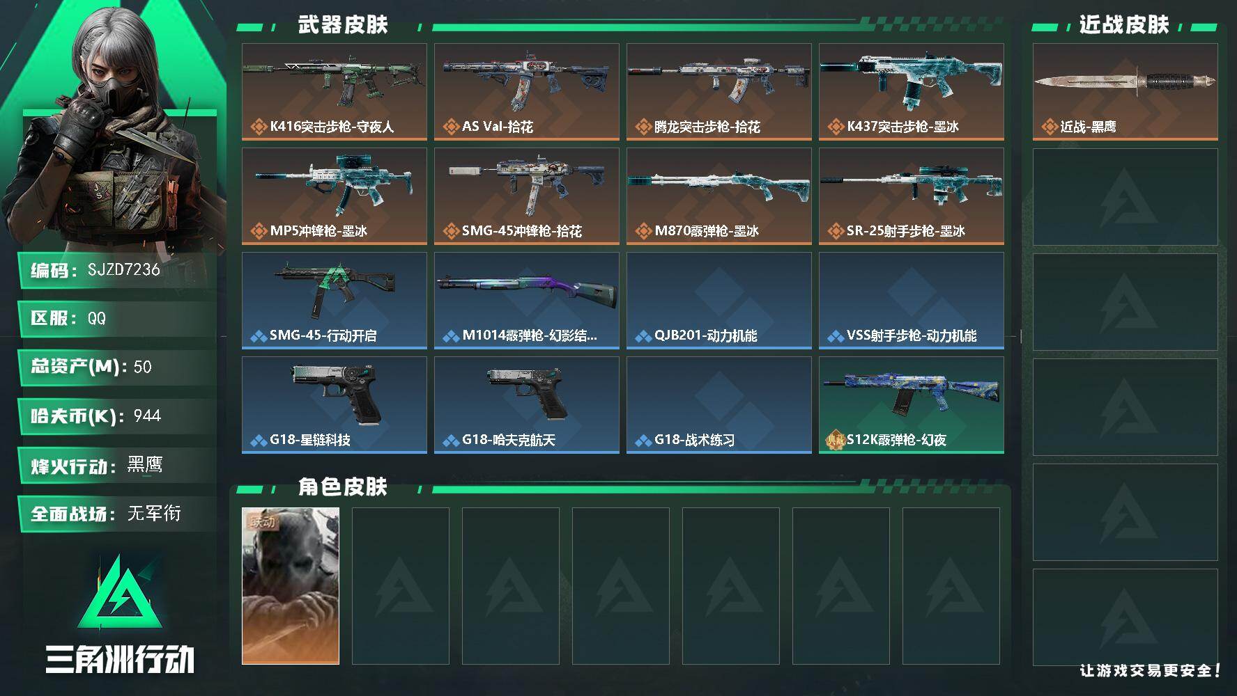 三角洲行动账号QQ【SJZD7236】总资产50M/哈夫币94万/干员外观数1/传说枪皮数8/战场等级1/行动等级60/安全箱等时效性道具以游戏内数据为准，详情请看图/无名-守夜人/近战-黑鹰/K416突击步枪-守夜