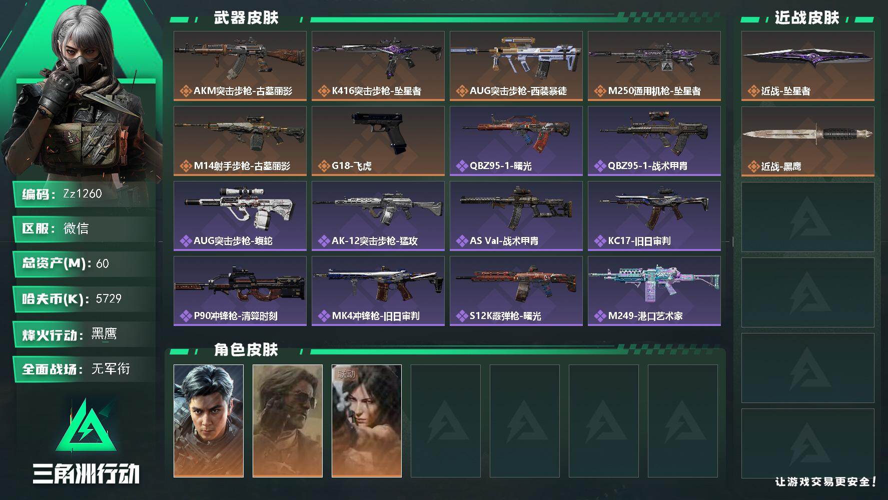三角洲行动账号VX【Zz1260】总资产60M/哈夫币572万/传说近战数1/干员外观数3/传说枪皮数6/战场等级5/行动等级60/安全箱等时效性道具以游戏内数据为准，详情请看图/威龙-飞虎/银翼-未结卷宗/露娜-劳