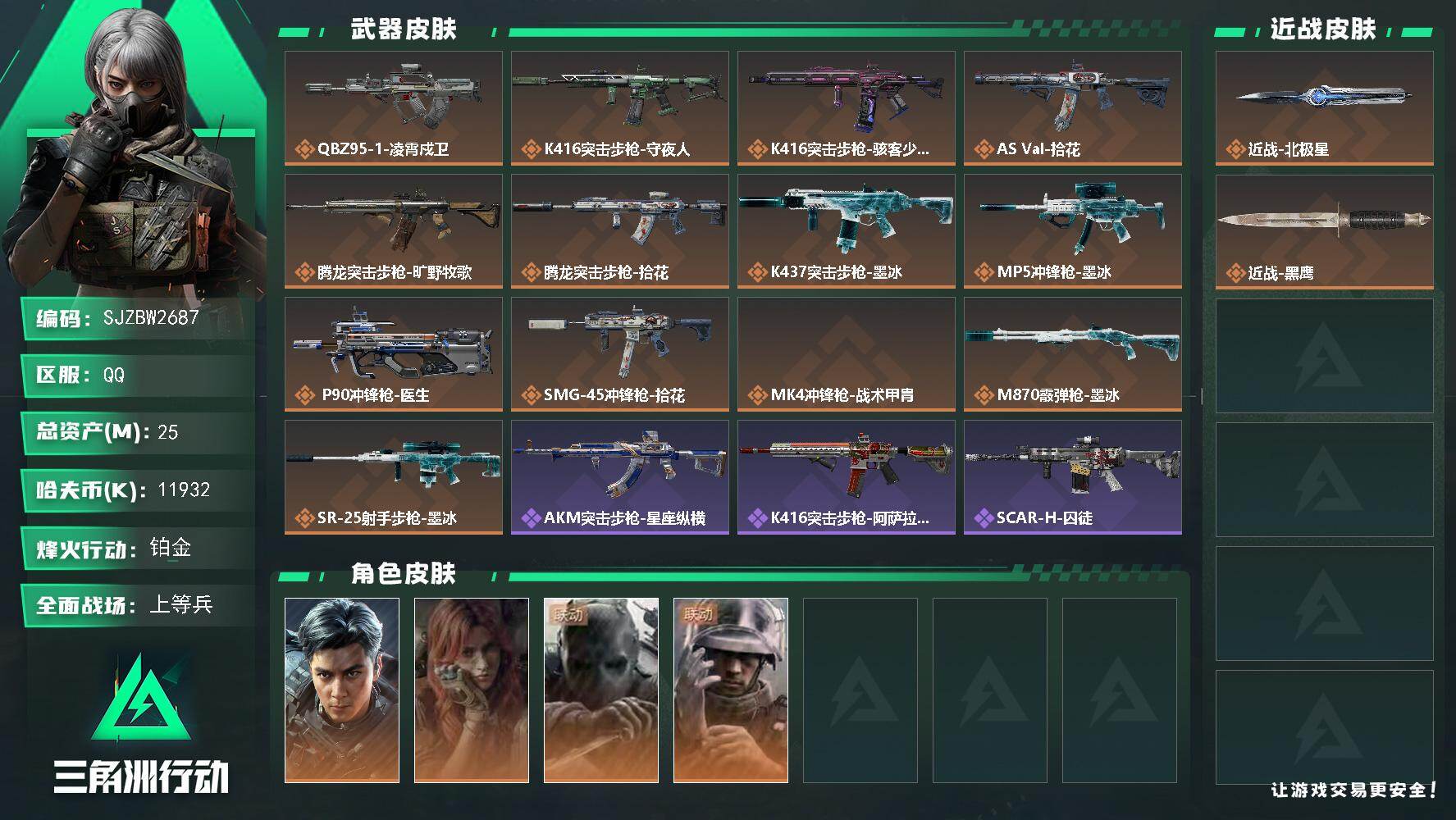 三角洲行动账号QQ【SJZBW2687】总资产25M/哈夫币1193万/传说近战数1/干员外观数4/传说枪皮数13/战场等级20/行动等级60/安全箱等时效性道具以游戏内数据为准，详情请看图/威龙-飞虎/疾风-西部往