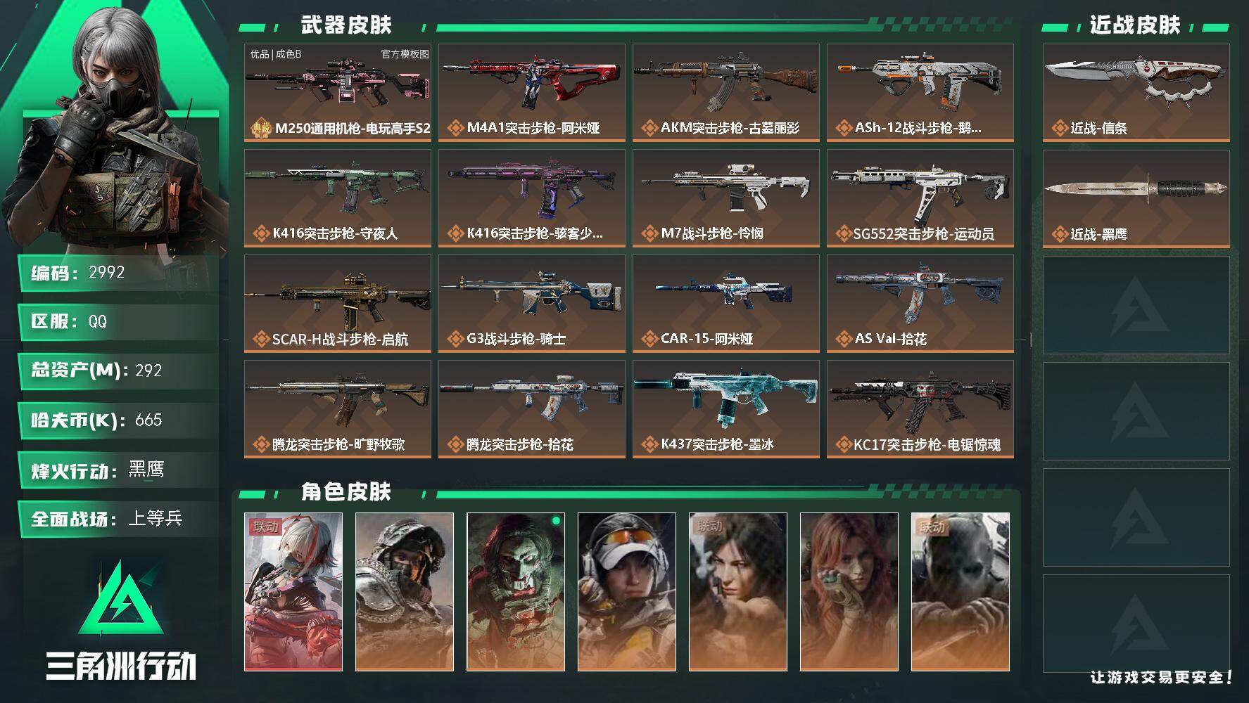 三角洲行动账号QQ292m总资产-665k哈夫币-60烽火等级-黑鹰-20战场等级-上等兵
【干员外观】：骇爪-维什戴