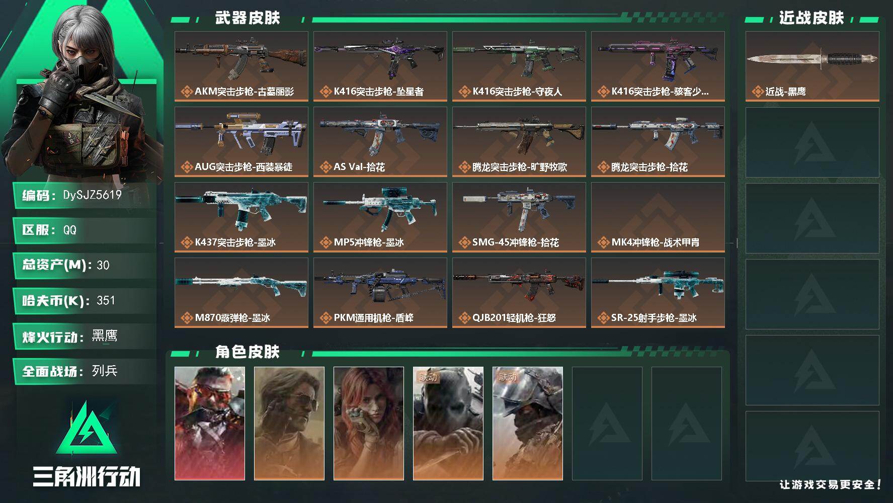 三角洲行动账号QQ【DySJZ5619】总资产30M/哈夫币35万/干员外观数5/传说枪皮数16/战场等级13/行动等