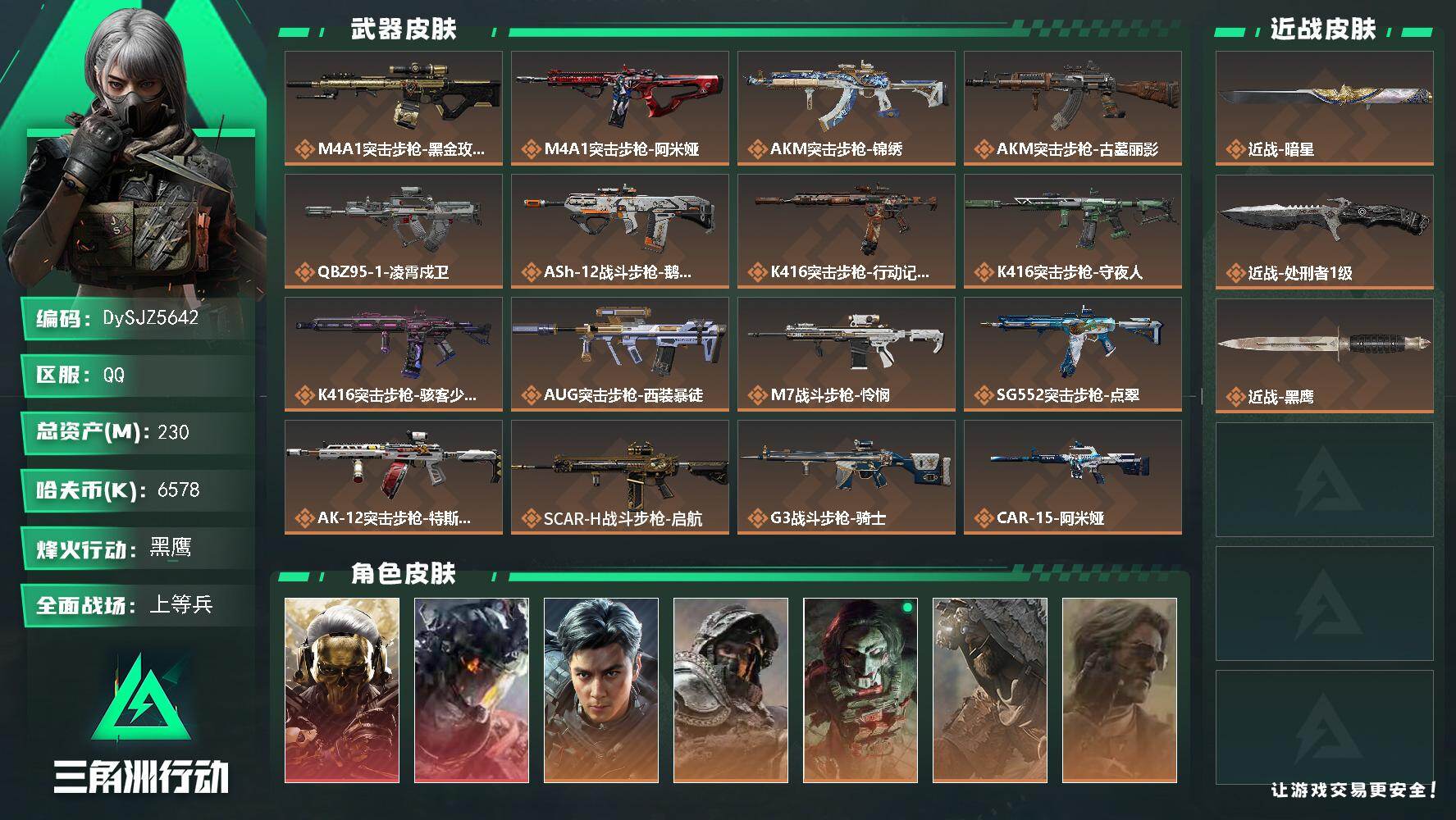 【DySJZ5642】总资产230M/哈夫币657万/传说近战数2/干员外观数10/传说枪皮数46/战场等级36/行动等级60/安全箱等时效性道具以游戏内数据为准，详情请看图/红狼-蚀金玫瑰/威龙-凌霄戍卫/威龙-飞虎/深蓝-不破誓约/红狼-电锯惊魂/乌鲁鲁-荒原猎手/银翼-未结卷宗/疾风-西部往事/无名-守夜人/深蓝-盾峰/近战-暗星/近战-处刑者1级/近战-黑鹰/M4A1突击步枪-蚀金玫瑰/M4A1突击步枪-阿米娅/AKM突击步枪-锦绣/AKM突击步枪-古墓丽影/QBZ9