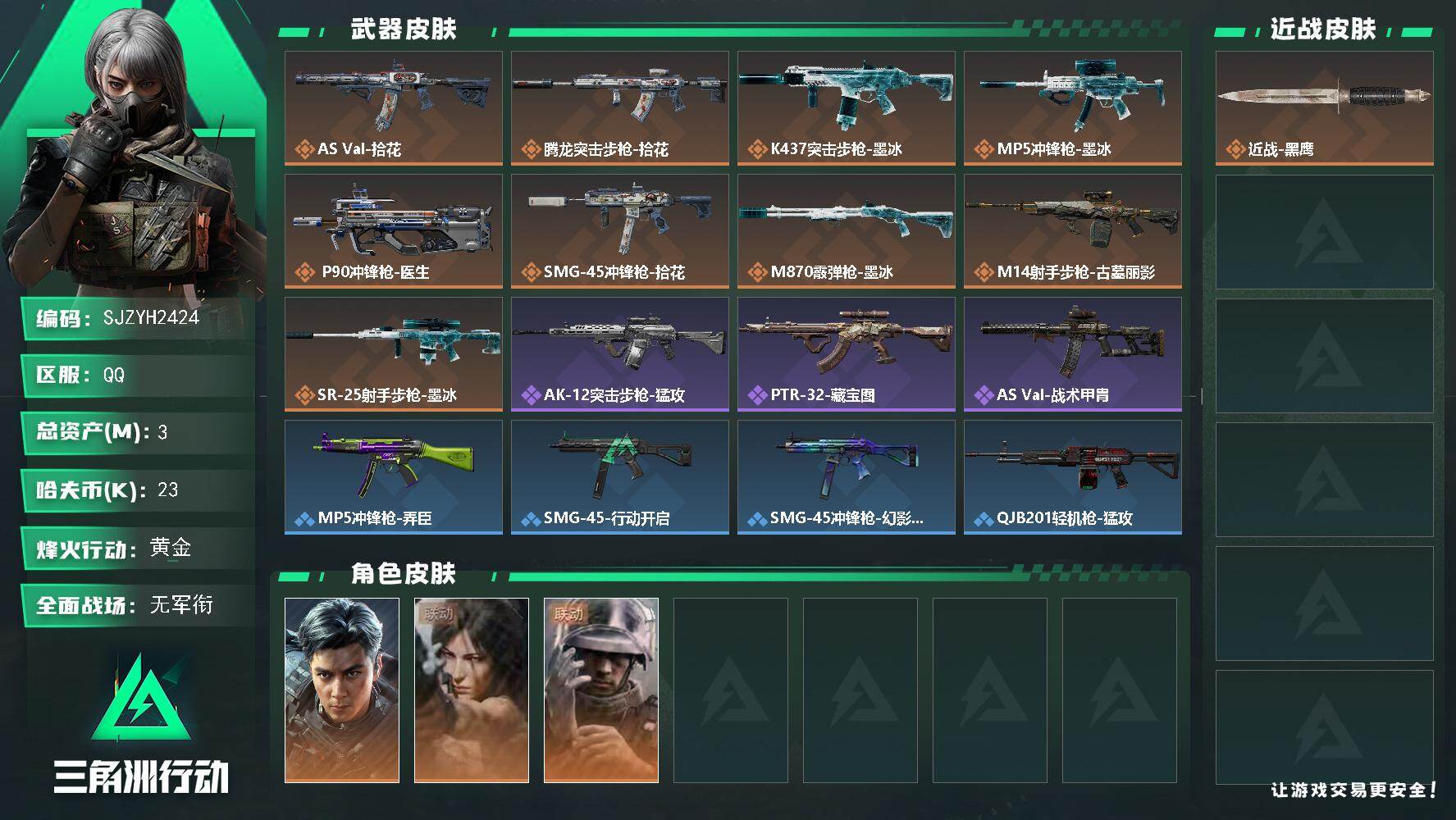 三角洲行动账号QQ【SJZYH2424】总资产3M/哈夫币2万/干员外观数3/传说枪皮数9/战场等级5/行动等级51/安全箱等时效性道具以游戏内数据为准，详情请看图/威龙-飞虎/露娜-劳拉·克劳馥/蜂医-医生/近战-