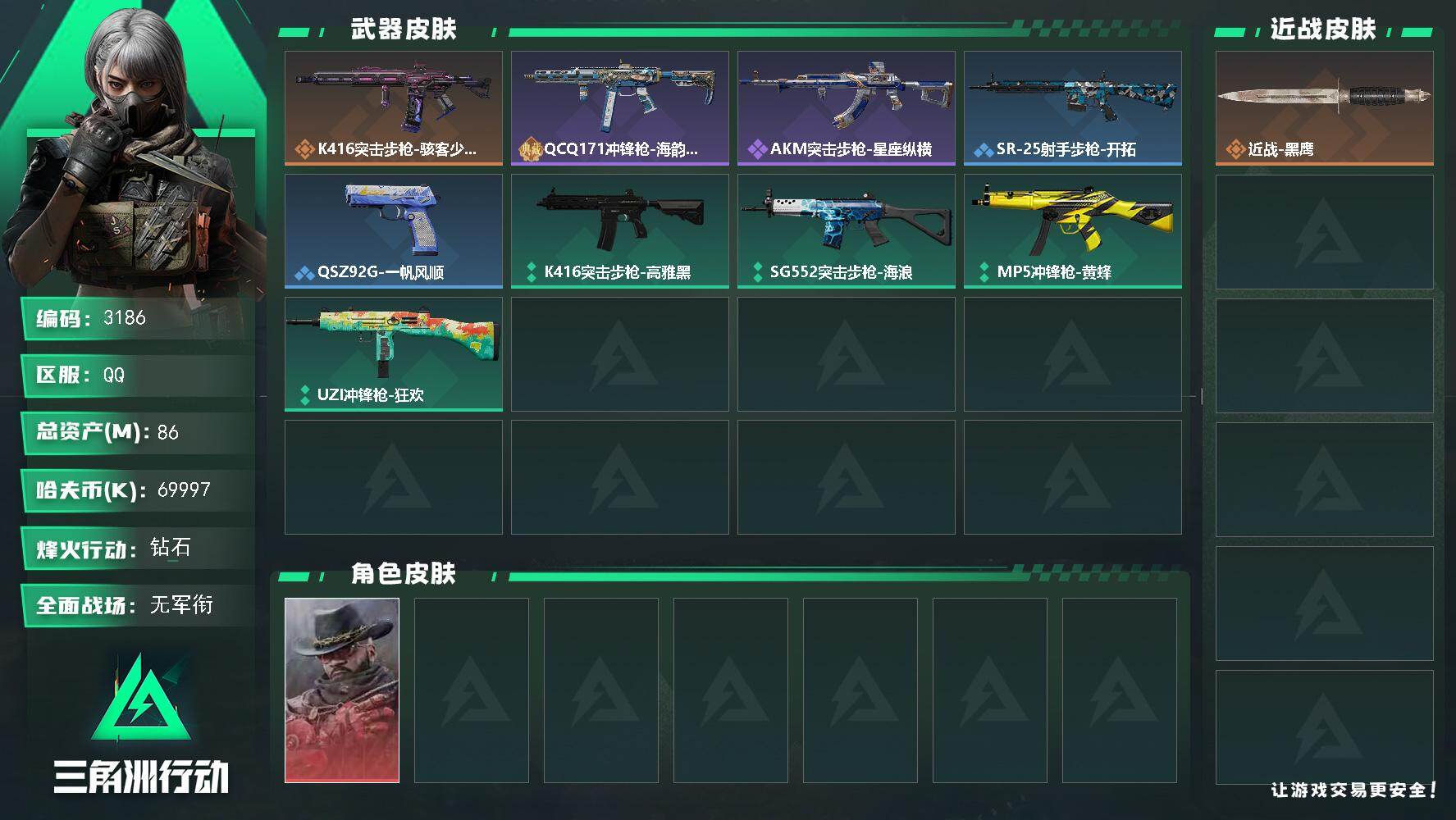 三角洲行动账号QQ86m总资产-69997k哈夫币-33烽火等级-钻石-1战场等级-无军衔
【干员外观】：牧羊人-安魂