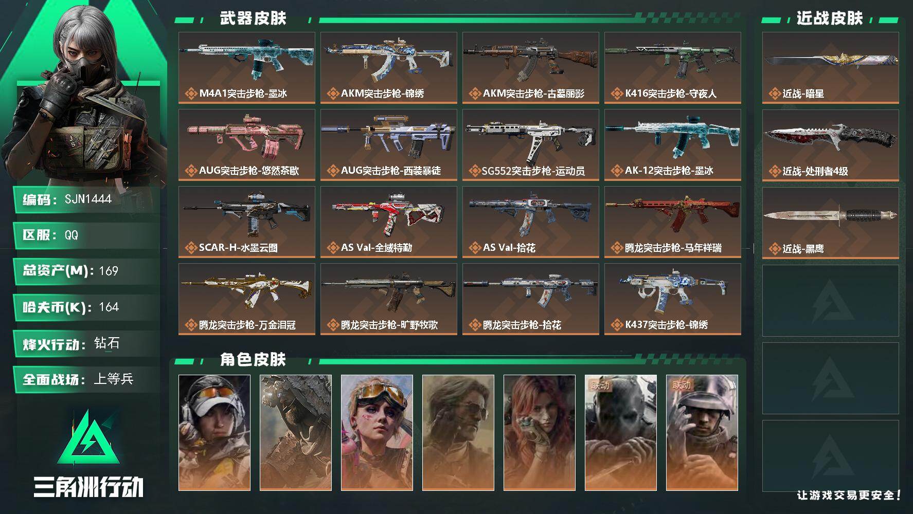 三角洲行动账号QQ【SJN1444】总资产169M/哈夫币16万/传说近战数2/干员外观数7/传说枪皮数33/战场等级31/行动等级60/安全箱等时效性道具以游戏内数据为准，详情请看图/露娜-金牌射手/乌鲁鲁-荒原猎