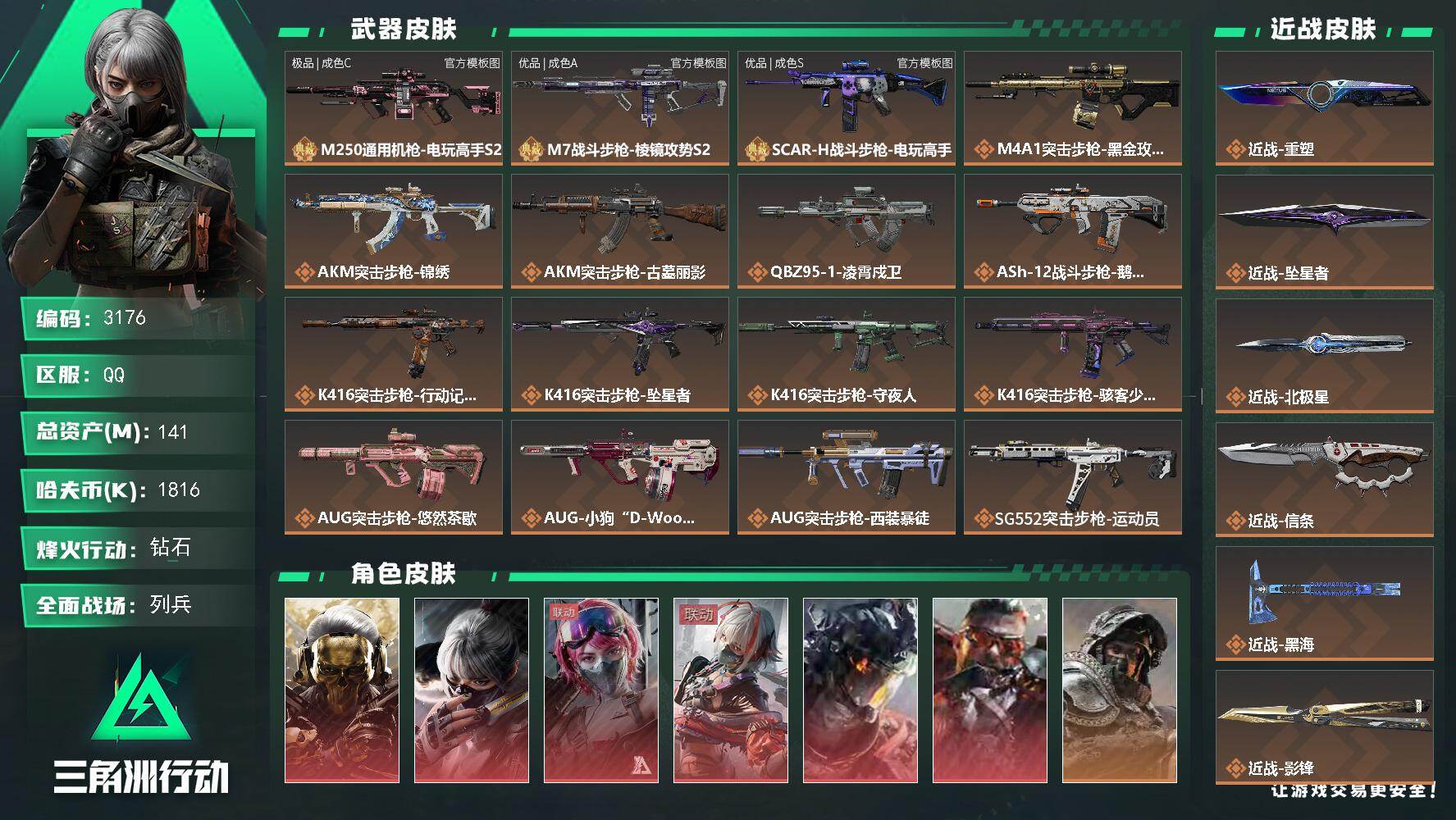 三角洲行动账号QQ141m总资产-1816k哈夫币-60烽火等级-钻石-22战场等级-列兵
【干员外观】：红狼-蚀金玫