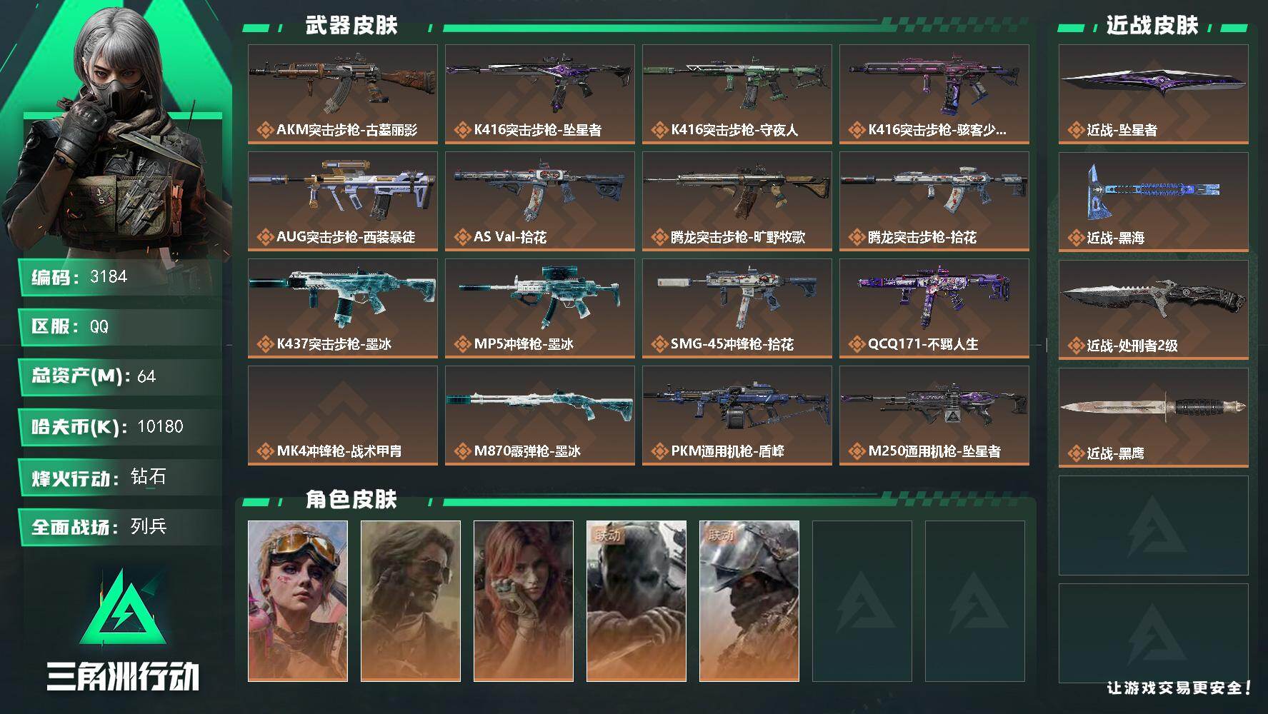 三角洲行动账号QQ64m总资产-10180k哈夫币-60烽火等级-钻石-16战场等级-列兵
【干员外观】：蛊-不羁人生
