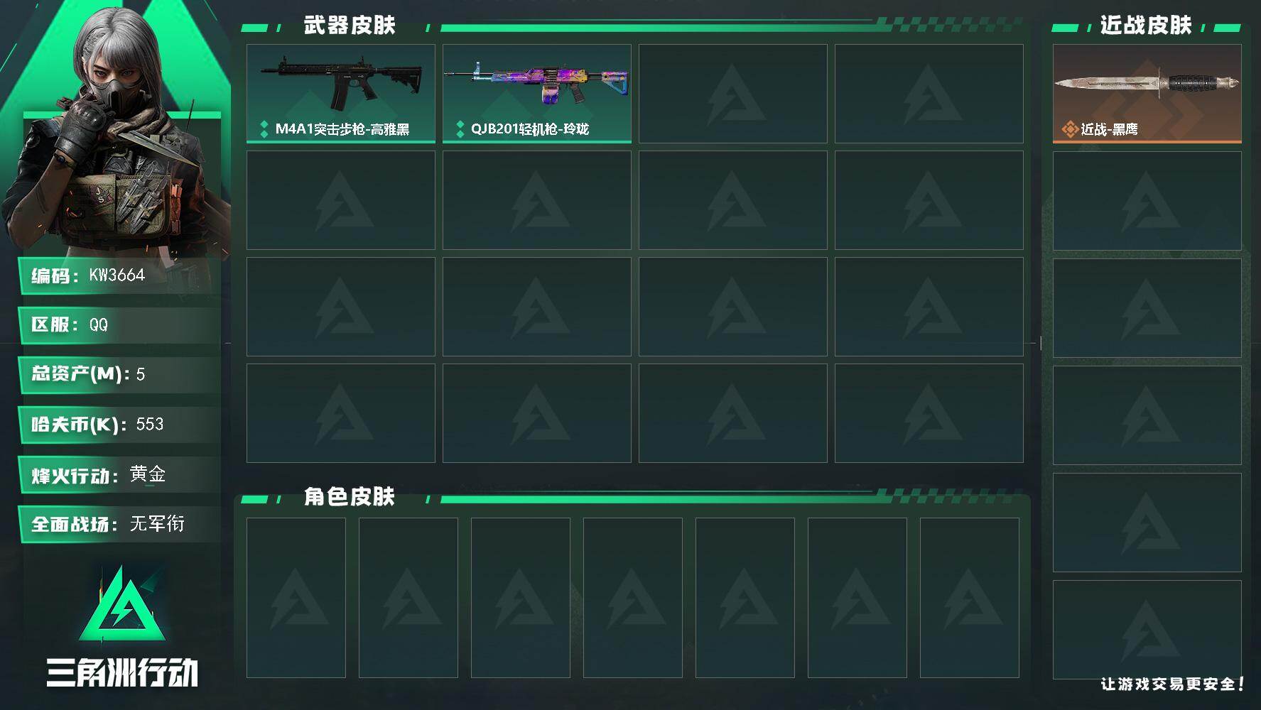 三角洲行动账号QQ【KW3664】总资产5M/哈夫币55万/战场等级1/行动等级18/安全箱等时效性道具以游戏内数据为准，详情请看图/近战-黑鹰/M4A1突击步枪-高雅黑/QJB201轻机枪-玲珑/挂饰-时间陀螺
