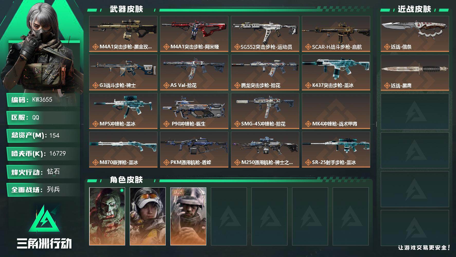 三角洲行动账号QQ【KW3655】总资产154M/哈夫币1672万/传说近战数1/干员外观数3/传说枪皮数17/战场等级16/行动等级60/安全箱等时效性道具以游戏内数据为准，详情请看图/红狼-电锯惊魂/露娜-金牌射
