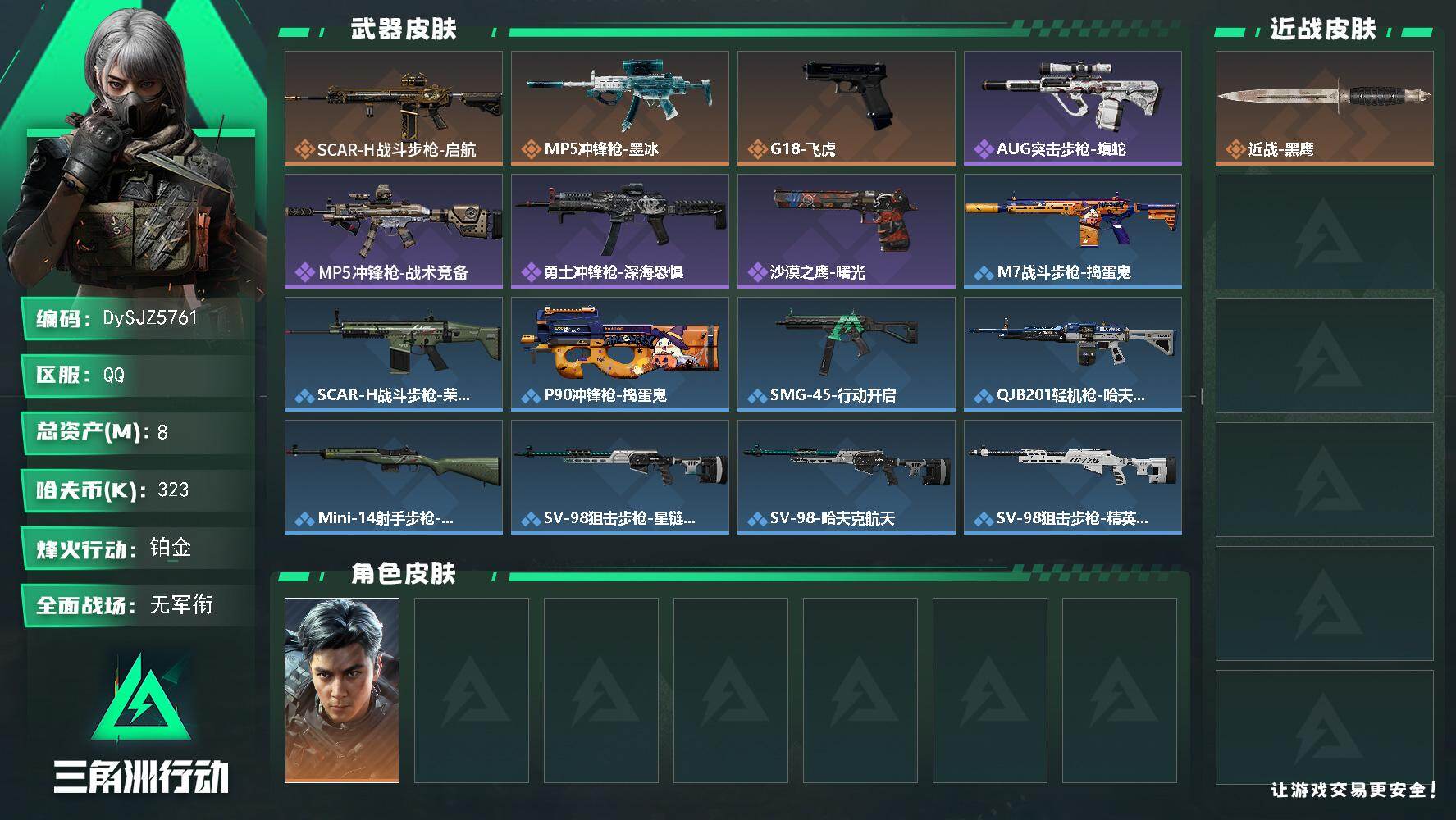 三角洲行动账号QQ【DySJZ5761】总资产8M/哈夫币32万/干员外观数1/传说枪皮数3/战场等级1/行动等级47/安全箱等时效性道具以游戏内数据为准，详情请看图/威龙-飞虎/近战-黑鹰/SCAR-H战斗步枪-启