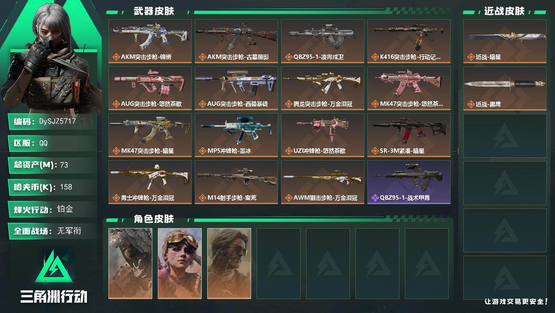 三角洲行动账号QQ【DySJZ5717】总资产73M/哈夫币15万/传说近战数1/干员外观数3/传说枪皮数15/战场等级2/行动等级60/安全箱等时效性道具以游戏内数据为准，详情请看图/乌鲁鲁-荒原猎手/蛊-不羁人生