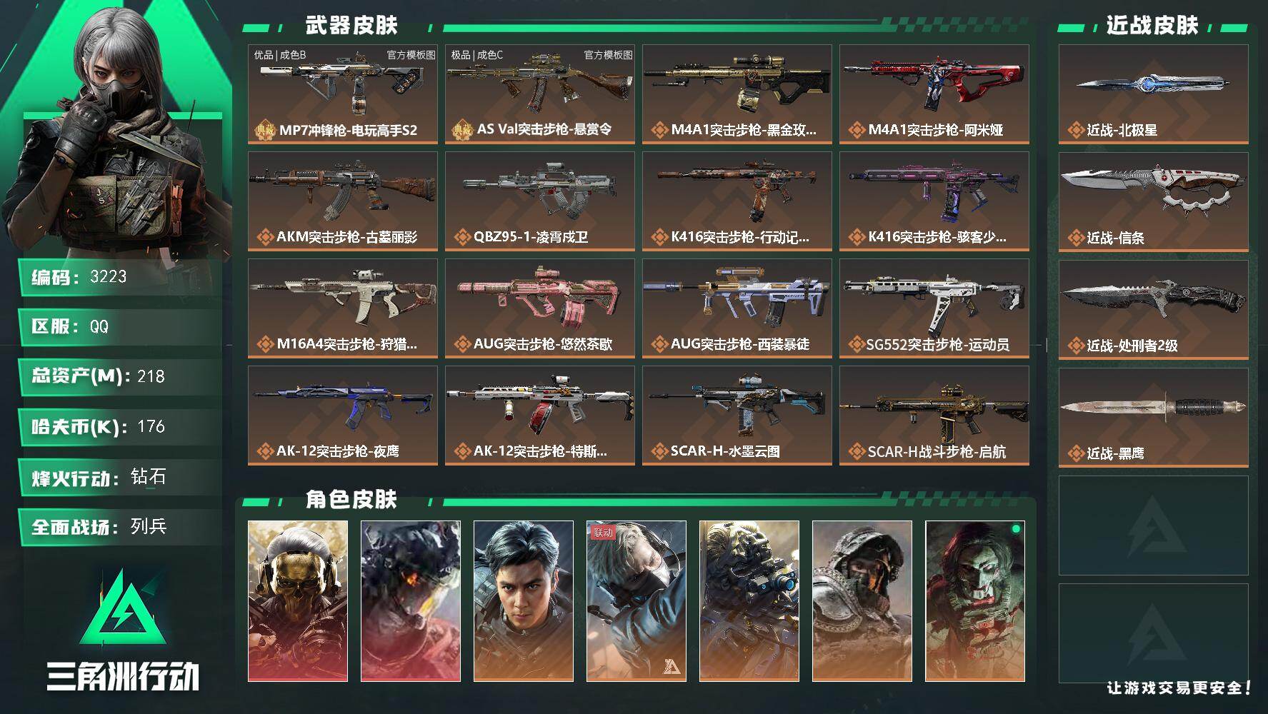三角洲行动账号QQ218m总资产-176k哈夫币-60烽火等级-钻石-41战场等级-列兵
【干员外观】：红狼-蚀金玫瑰