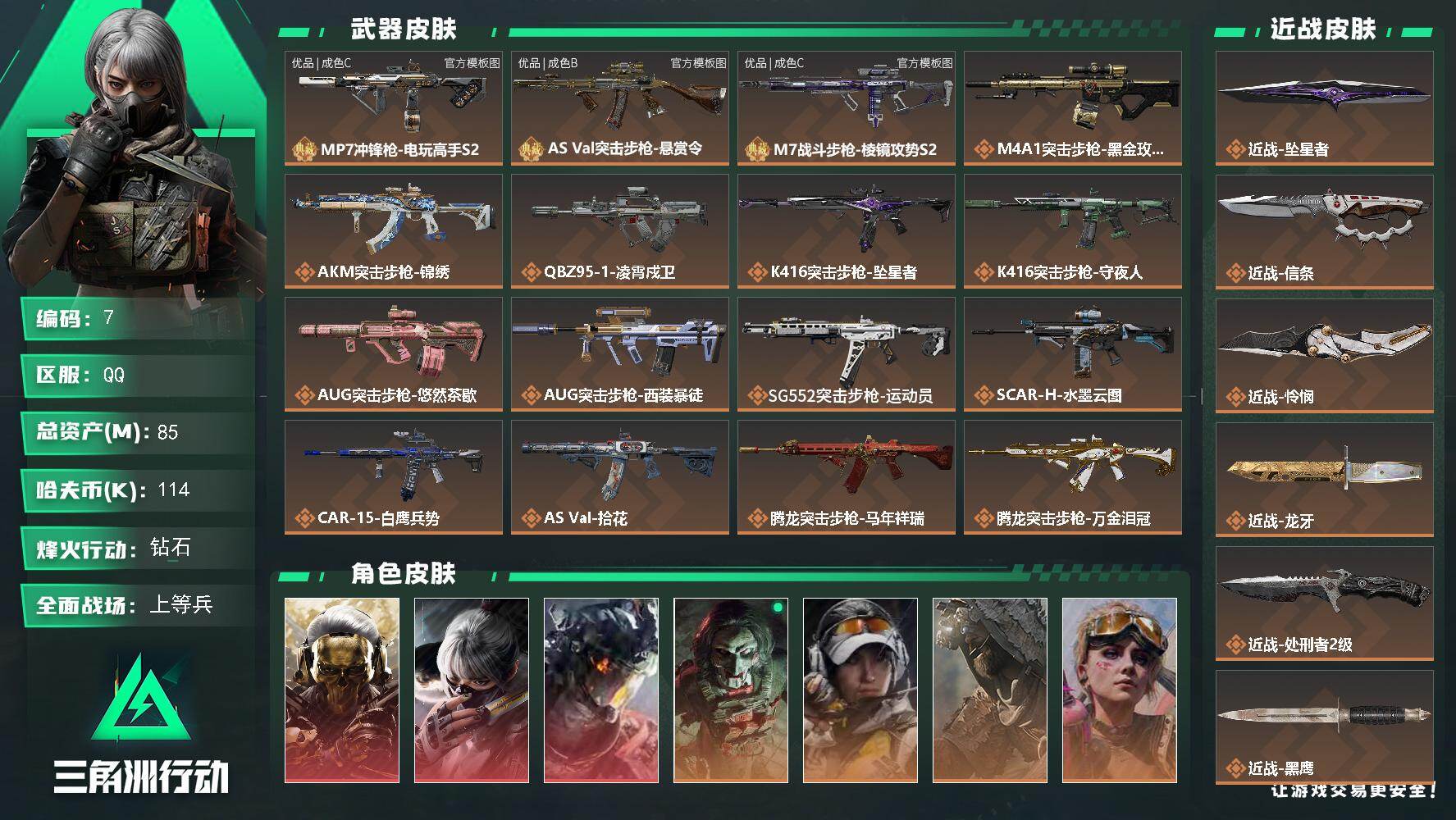 三角洲行动账号QQ85m总资产-114k哈夫币-60烽火等级-钻石-32战场等级-上等兵
【干员外观】：红狼-蚀金玫瑰