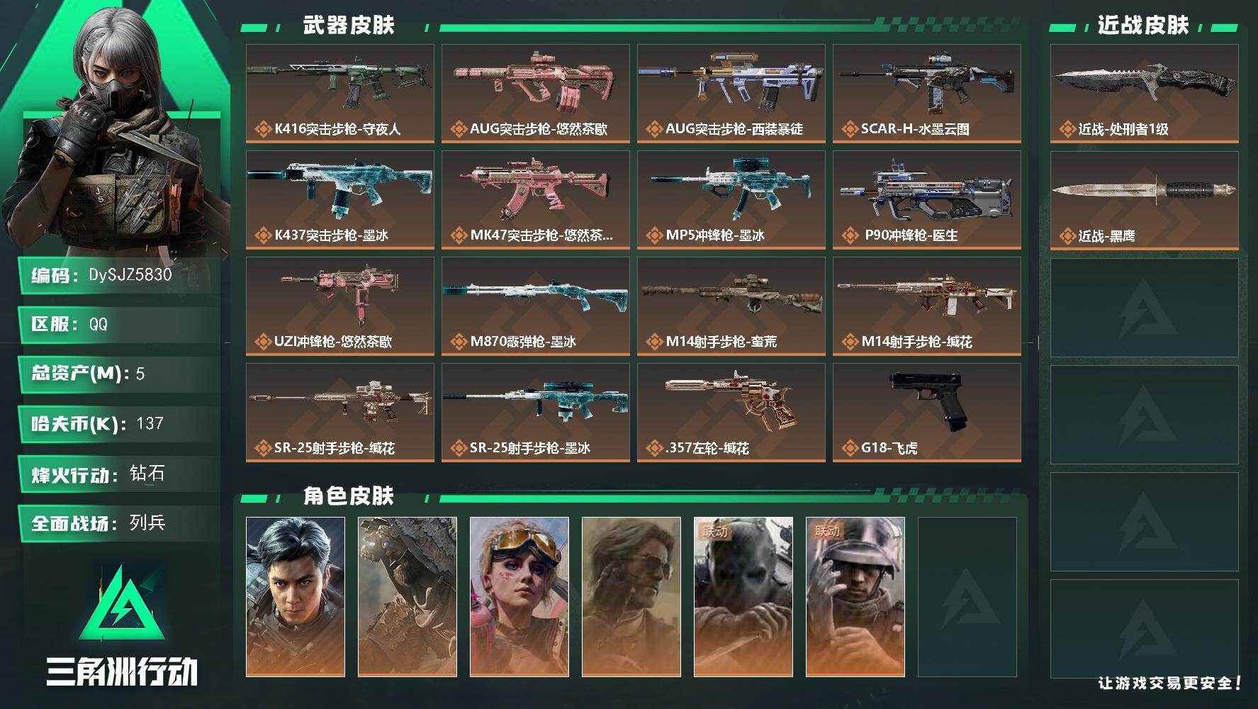 三角洲行动账号QQ【DySJZ5830】总资产5M/哈夫币13万/传说近战数1/干员外观数6/传说枪皮数16/战场等级