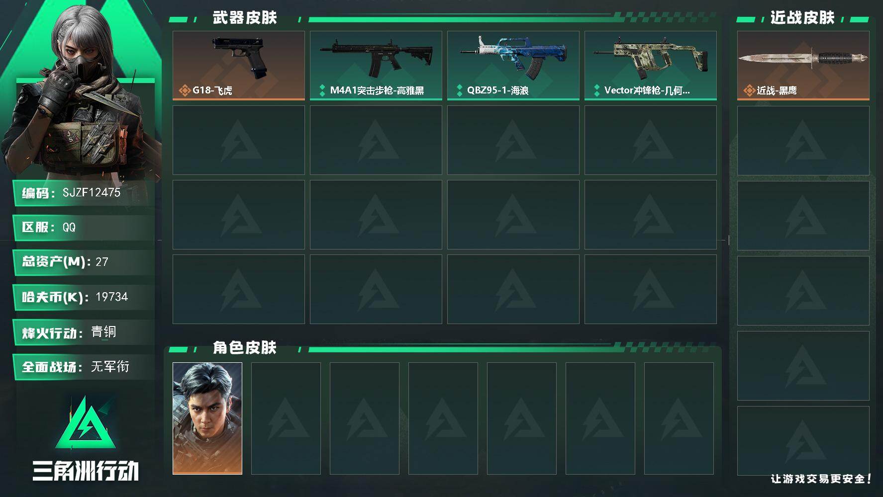 三角洲行动账号QQ【SJZF12475】总资产27M/哈夫币1973万/干员外观数1/传说枪皮数1/战场等级1/行动等级35/安全箱等时效性道具以游戏内数据为准，详情请看图/威龙-飞虎/近战-黑鹰/ G18-飞虎/M