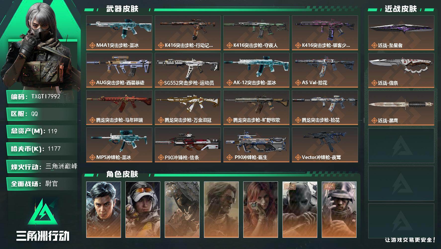 三角洲行动账号QQ【TTI7992】119m总资产-1177k哈夫币-60烽火等级-三角洲巅峰-39战场等级-尉官
s