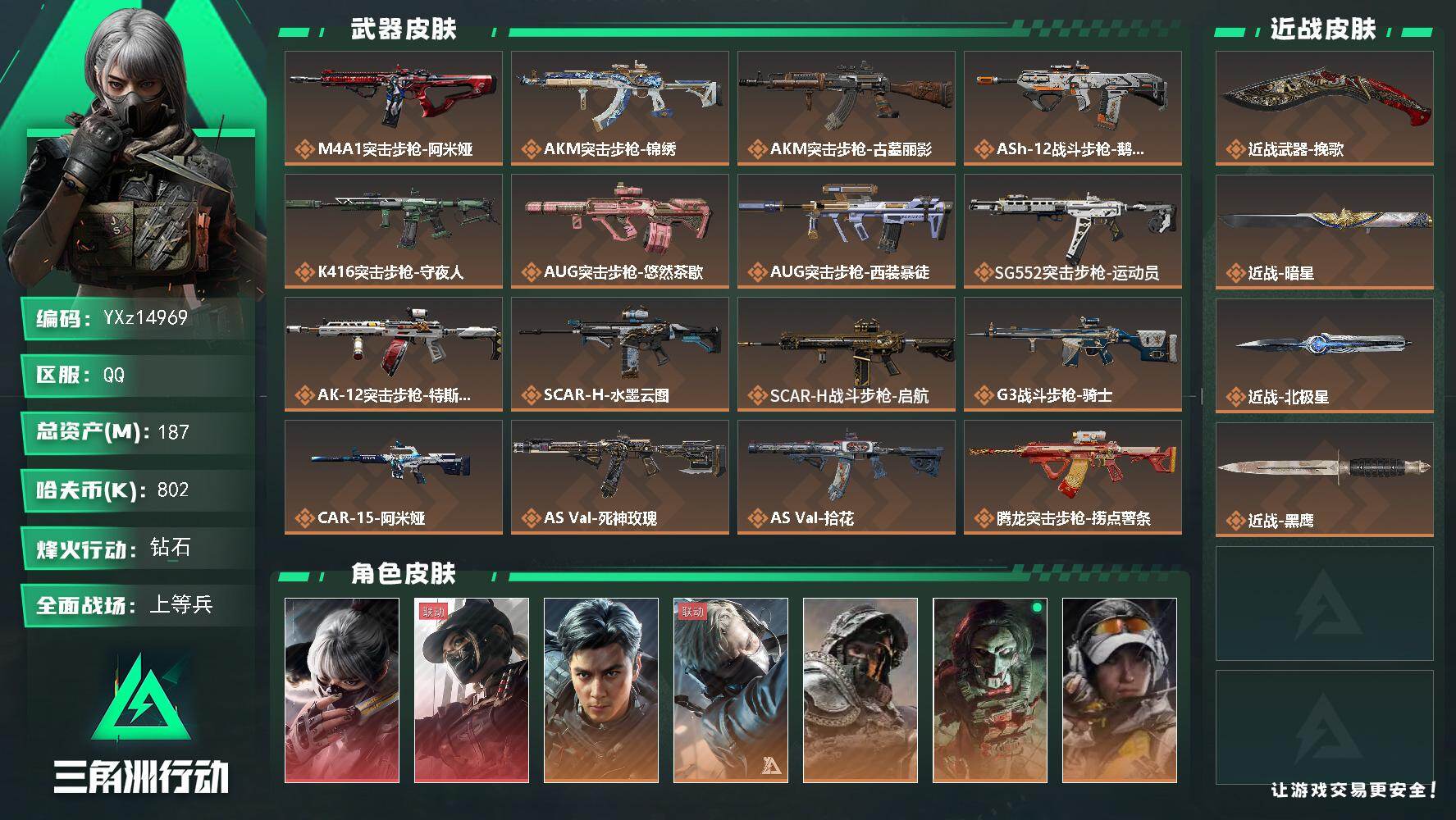三角洲行动账号QQ【总资产187M+哈夫币75.9万+三角券147】【满体满负】【2红皮11金皮3刀皮】【红皮黑天际线