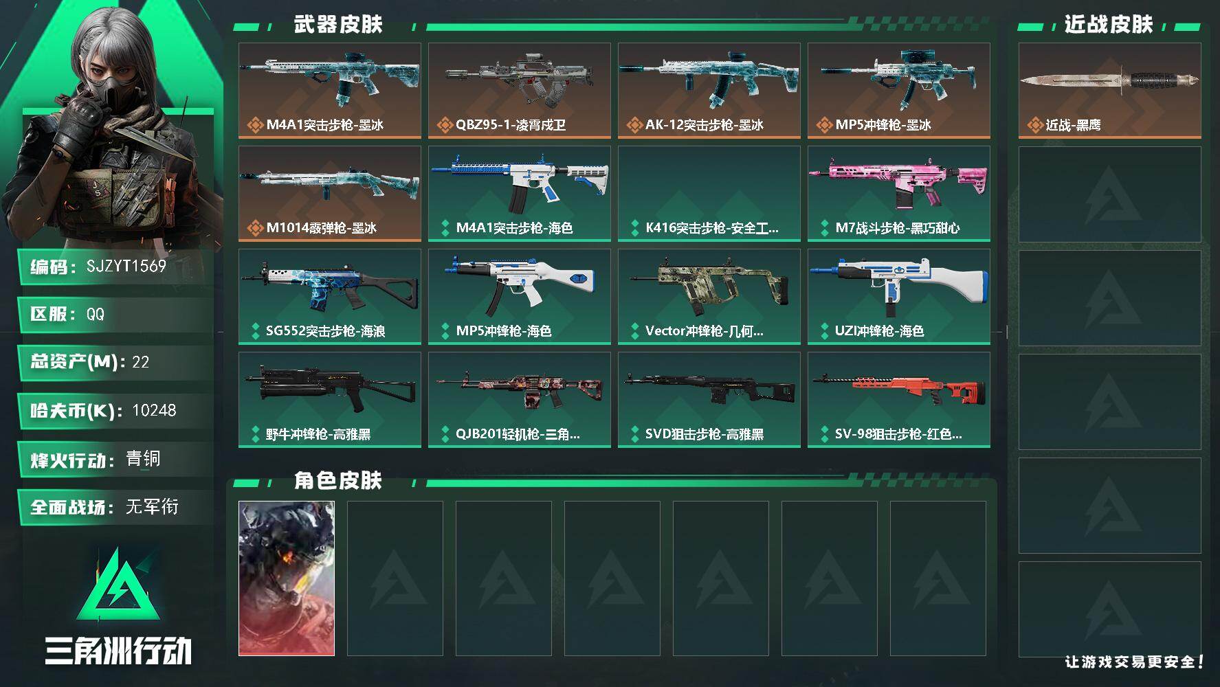 三角洲行动账号QQ【SJZYT1569】总资产22M/哈夫币1024万/干员外观数1/传说枪皮数5/战场等级1/行动等级14/安全箱等时效性道具以游戏内数据为准，详情请看图/蚀金玫瑰/凌霄戍卫/时间溶解/时之书/挂饰