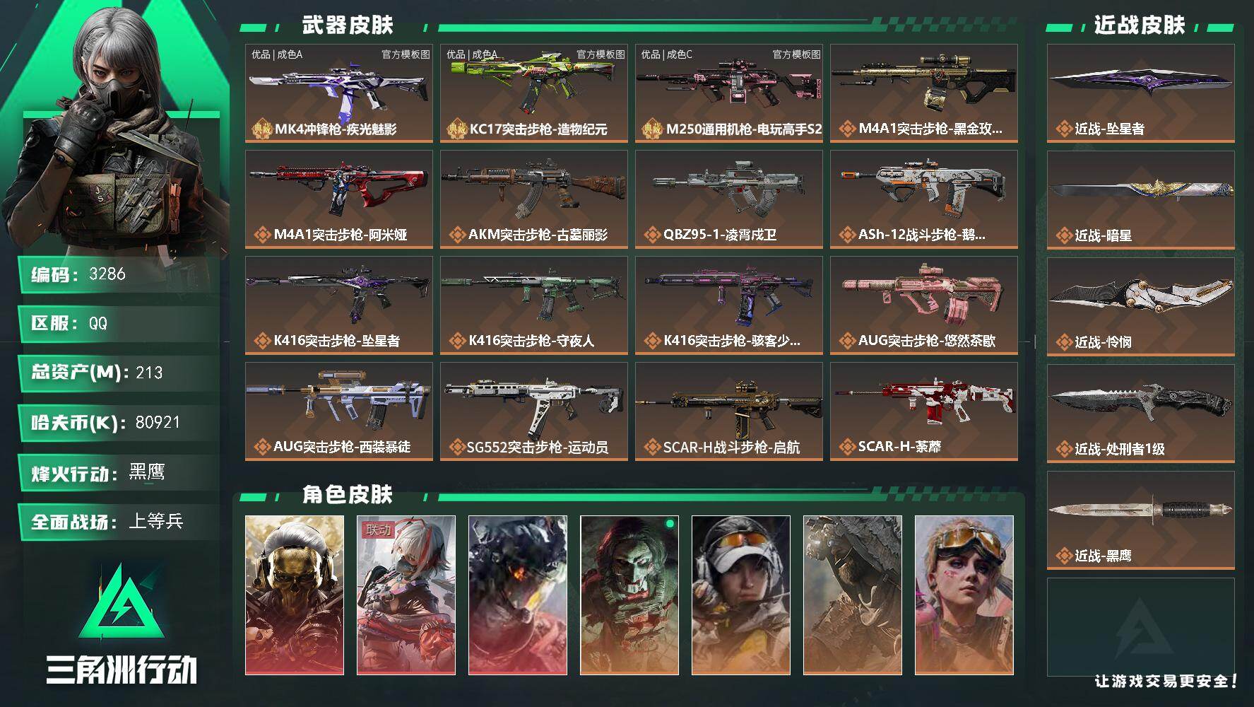 三角洲行动账号QQ213m总资产-80921k哈夫币-60烽火等级-黑鹰-33战场等级-上等兵
【干员外观】：红狼-蚀