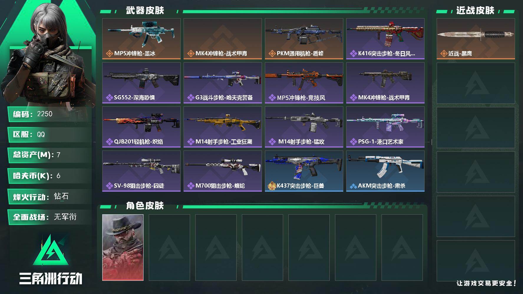 三角洲行动账号QQ7m总资产-6k哈夫币-55烽火等级-钻石-1战场等级-无军衔
【干员外观】：牧羊人-安魂
【近战皮