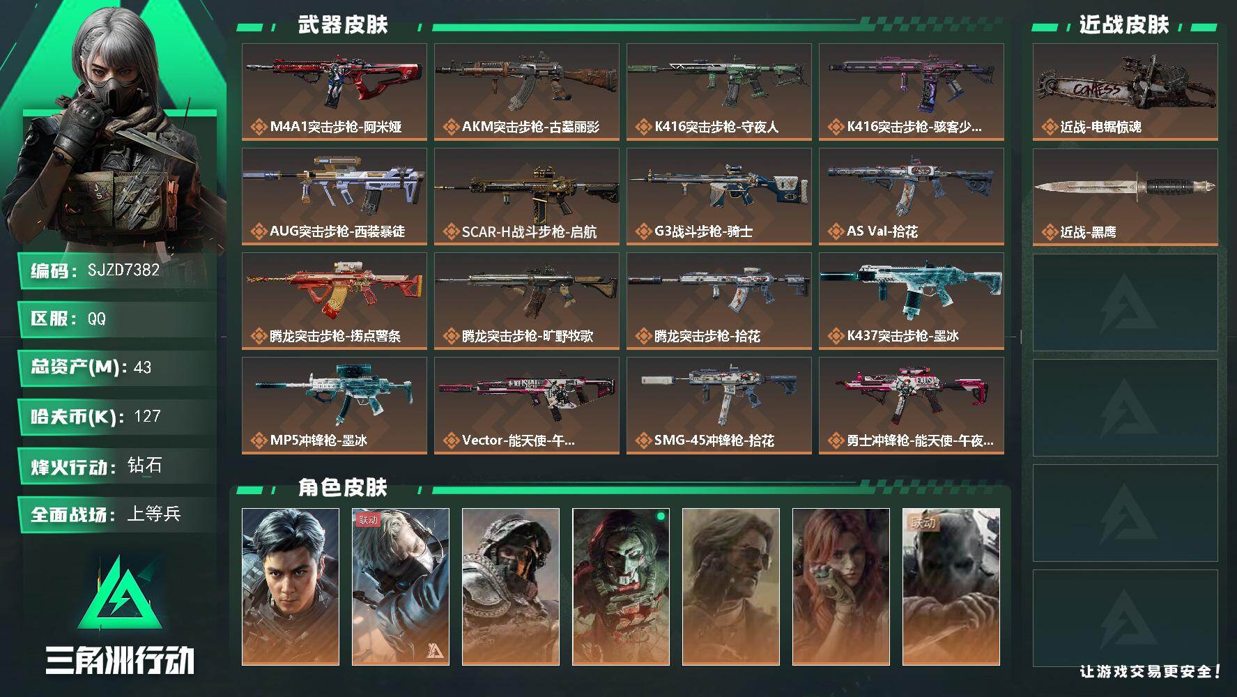 三角洲行动账号QQ【SJZD7382】总资产43M/哈夫币12万/传说近战数1/干员外观数9/传说枪皮数26/战场等级20/行动等级60/安全箱等时效性道具以游戏内数据为准，详情请看图/威龙-飞虎/蜂医-送葬人·无题