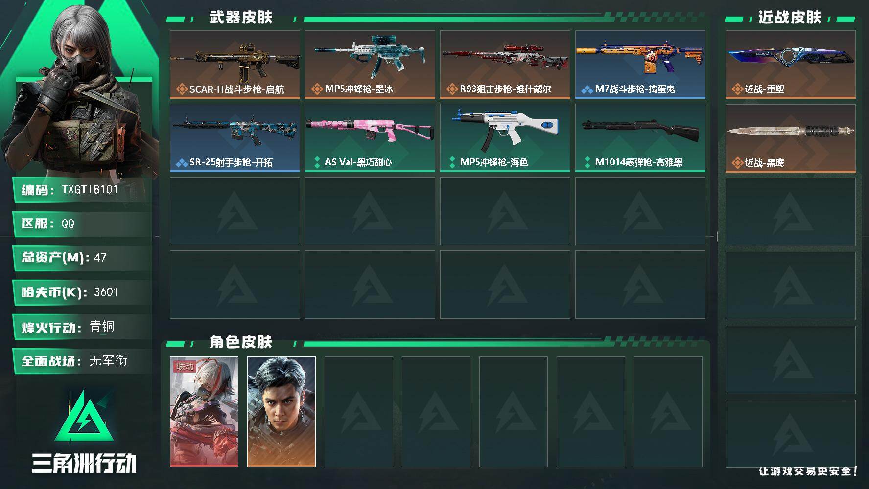 三角洲行动账号QQ【TTI8101】47m总资产-3601k哈夫币-25烽火等级-青铜-1战场等级-无军衔
【干员外观