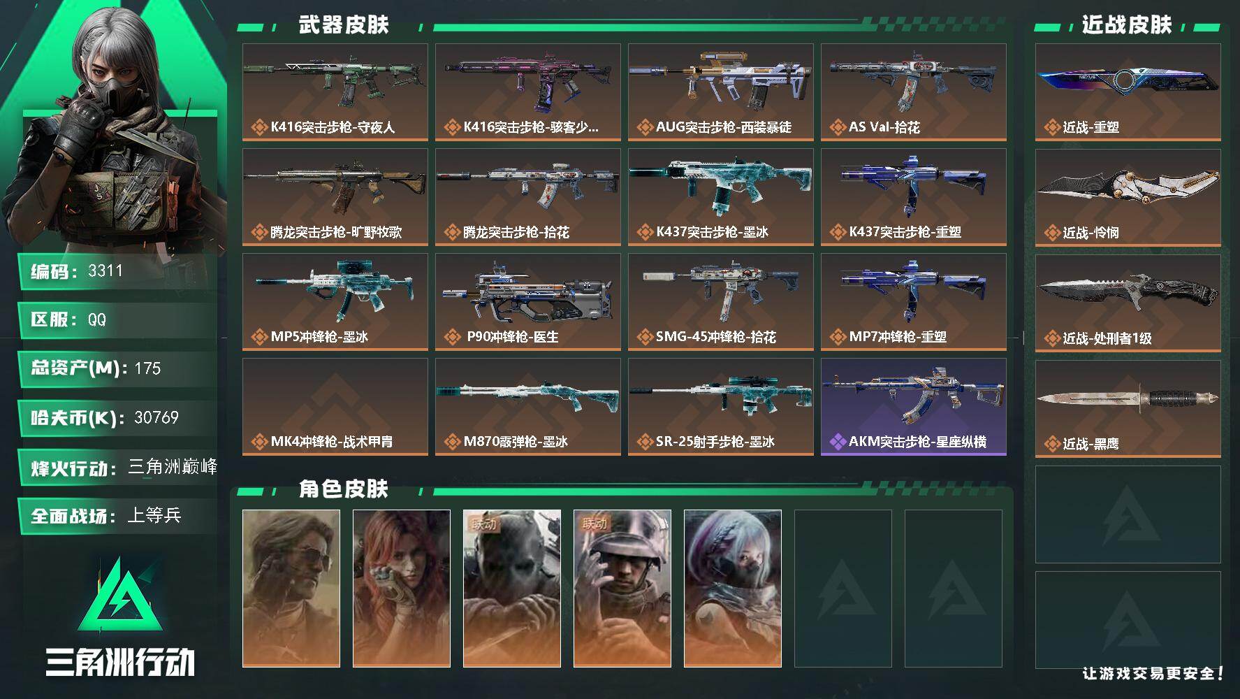 三角洲行动账号QQ175m总资产-30769k哈夫币-60烽火等级-三角洲巅峰-20战场等级-上等兵
【干员外观】：银