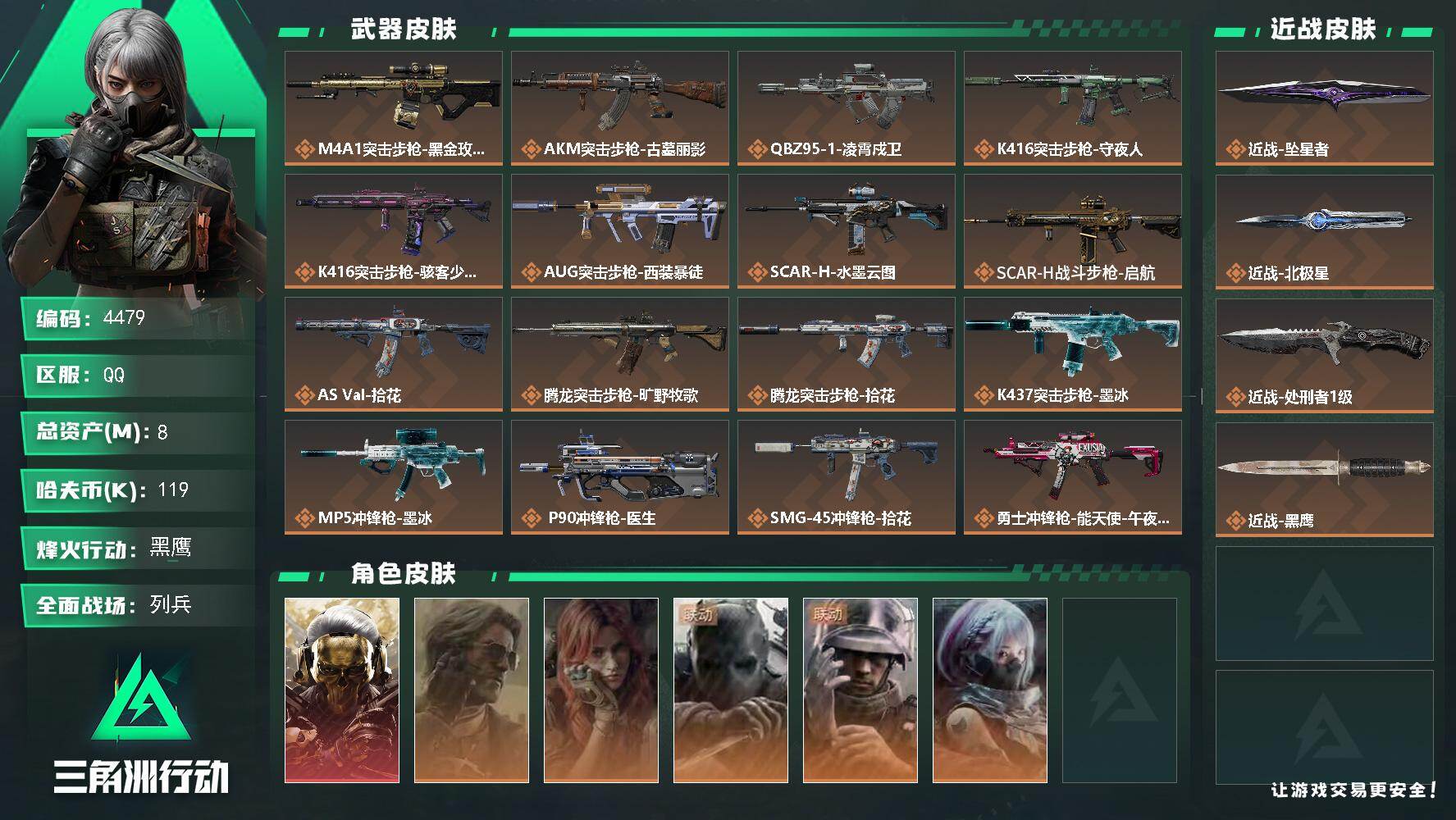 三角洲行动账号QQ【4479】总资产8M/哈夫币11万/传说近战数3/干员外观数6/传说枪皮数25/战场等级27/行动