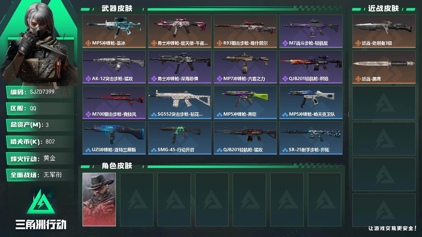 三角洲行动账号QQ【SJZD7399】总资产3M/哈夫币80万/传说近战数1/干员外观数1/传说枪皮数3/战场等级1/行动等级44/安全箱等时效性道具以游戏内数据为准，详情请看图/牧羊人-安魂/近战-处刑者/近战-黑