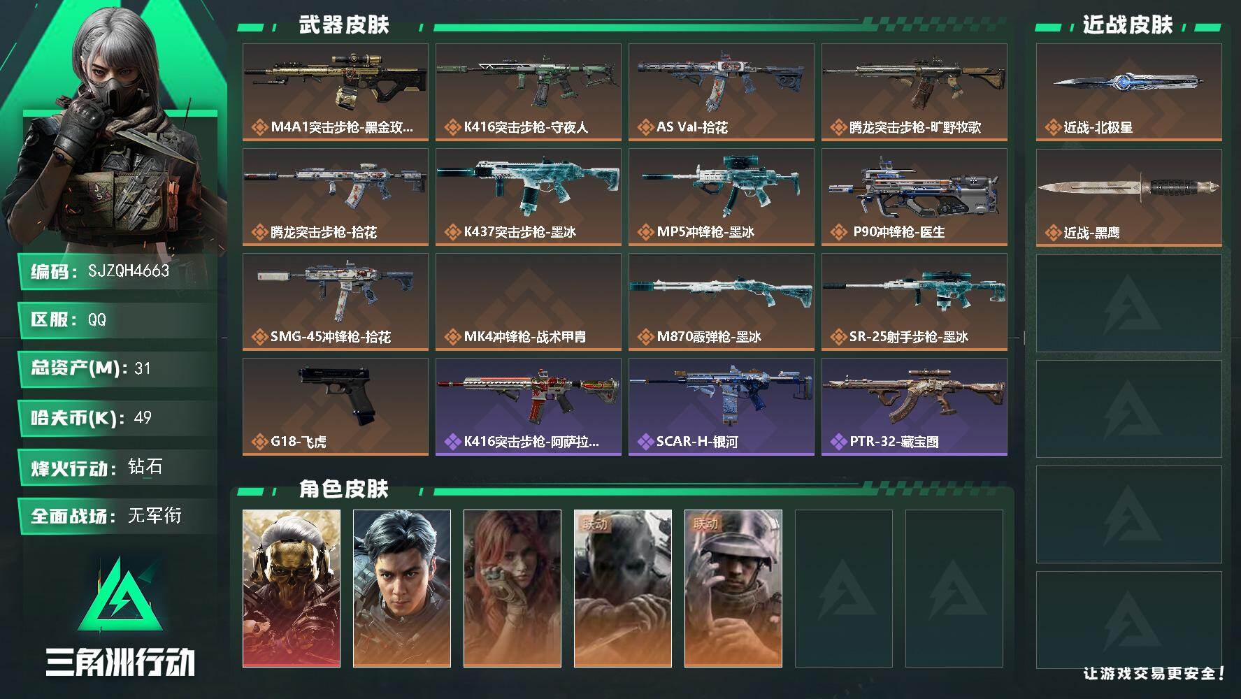 三角洲行动账号QQ【SJZQH4663】总资产31M/哈夫币4万/传说近战数1/干员外观数5/传说枪皮数13/战场等级1/行动等级60/安全箱等时效性道具以游戏内数据为准，详情请看图/红狼-蚀金玫瑰/威龙-飞虎/疾风