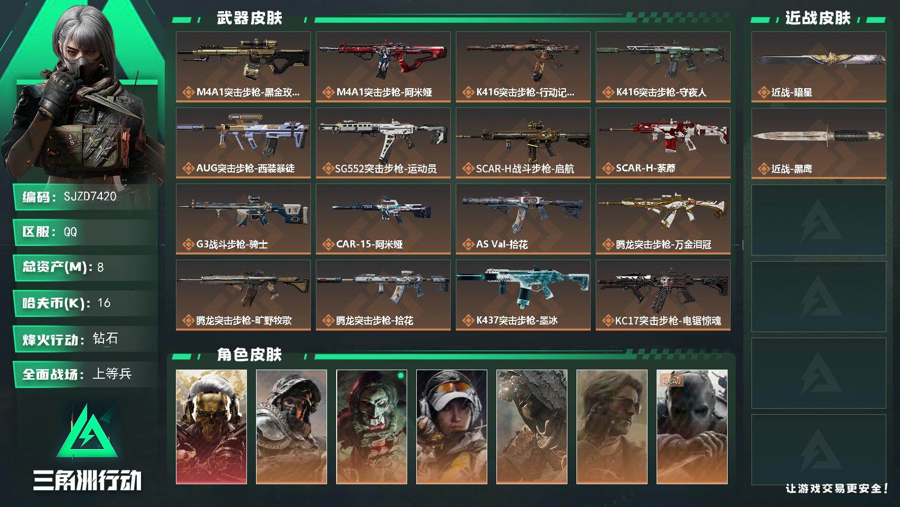 三角洲行动账号QQ【SJZD7420】总资产8M/哈夫币1万/传说近战数1/干员外观数7/传说枪皮数33/战场等级24/行动等级60/安全箱等时效性道具以游戏内数据为准，详情请看图/红狼-蚀金玫瑰/深蓝-不破誓约/红