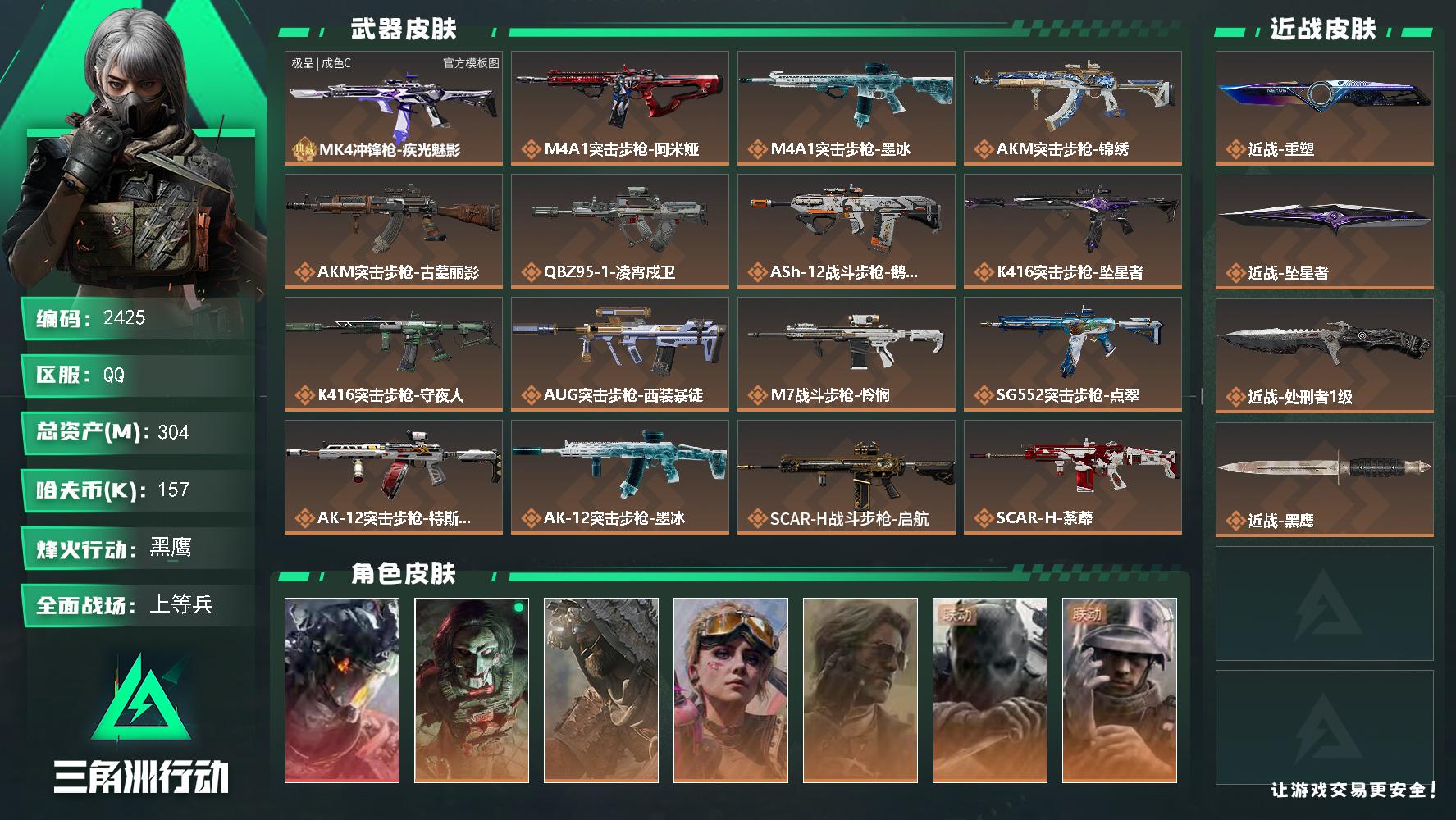 304m总资产-157k哈夫币-60烽火等级-黑鹰-50战场等级-上等兵
【干员外观】：威龙-凌霄戍卫，红狼-电锯惊魂，乌鲁鲁-荒原猎手，蛊-不羁人生，银翼-未结卷宗，无名-守夜人，蜂医-医生
【近战皮肤】：近战-重塑，近战-坠星者，近战-处刑者1级，近战-黑鹰
【典藏外观】：MK4冲锋枪-疾光魅影
【典藏外观成色】：MK4冲锋枪-疾光魅影(极品C)
【传说外观】：M4A1突击步枪-阿米娅，M