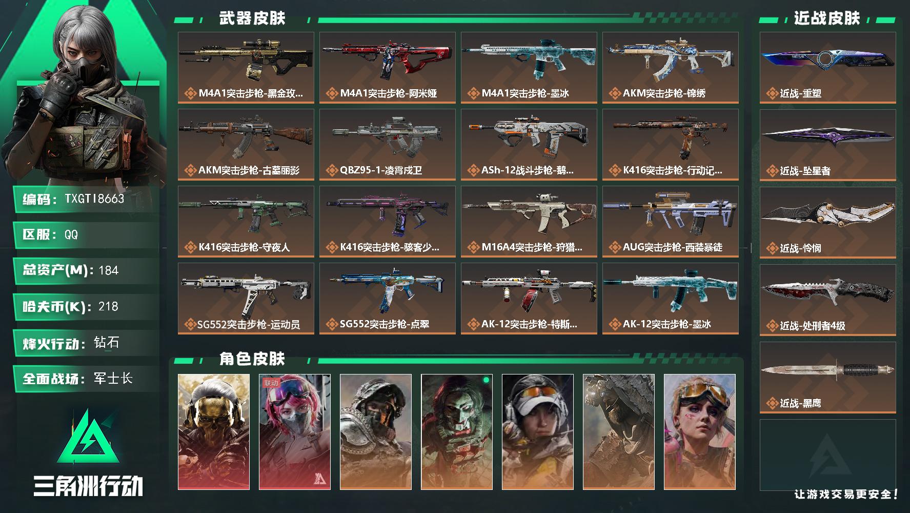 【TXGTI8663】184m总资产-218k哈夫币-60烽火等级-钻石-50战场等级-军士长
【干员外观】：红狼-蚀金玫瑰，蛊-能天使午夜邮差，深蓝-不破誓约，红狼-电锯惊魂，露娜-金牌射手，乌鲁鲁-荒原猎手，蛊-不羁人生，银翼-未结卷宗，疾风-西部往事，无名-守夜人，深蓝-盾峰，蜂医-医生，骇爪-骇客少女
【近战皮肤】：近战-重塑，近战-坠星者，近战-怜悯，近战-处刑者4级，近战-黑鹰
【