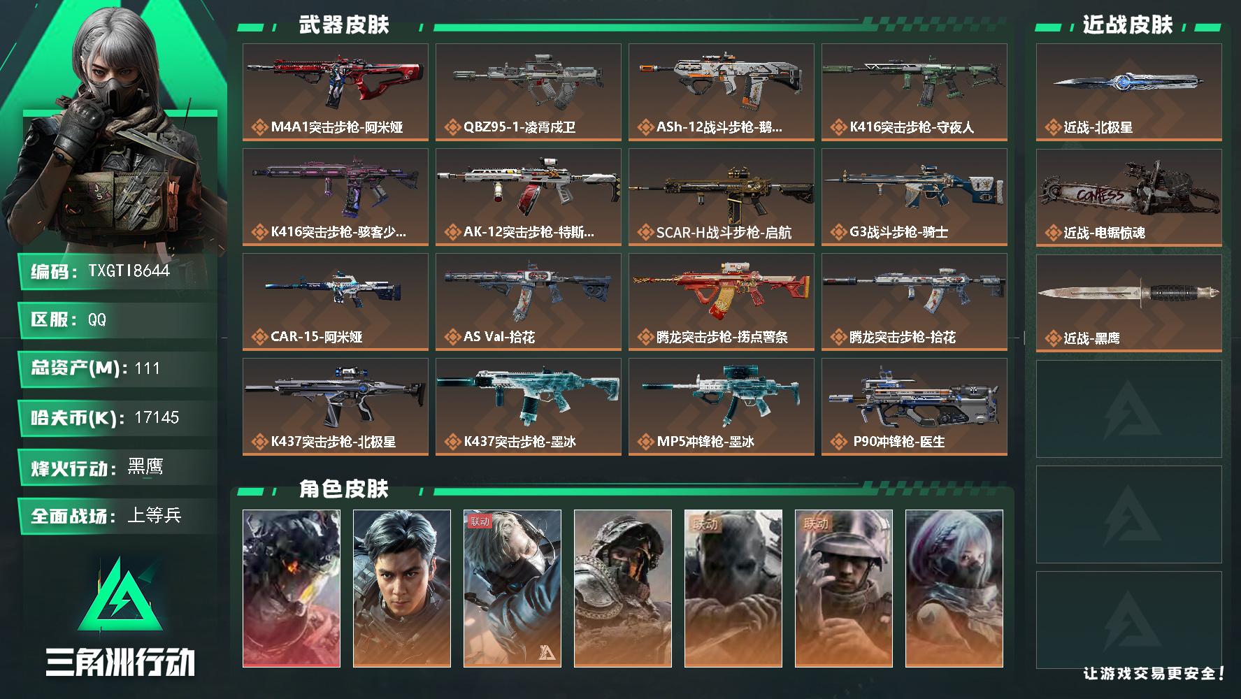 【TXGTI8644】111m总资产-17145k哈夫币-60烽火等级-黑鹰-28战场等级-上等兵
【干员外观】：威龙-凌霄戍卫，威龙-飞虎，蜂医-送葬人·无题密令，深蓝-不破誓约，无名-守夜人，蜂医-医生，骇爪-骇客少女
【近战皮肤】：近战-北极星，近战-电锯惊魂，近战-黑鹰
【传说外观】：M4A1突击步枪-阿米娅，QBZ95-1突击步枪-凌霄戍卫，ASh-12战斗步枪-鹅鸭杀，K416突击