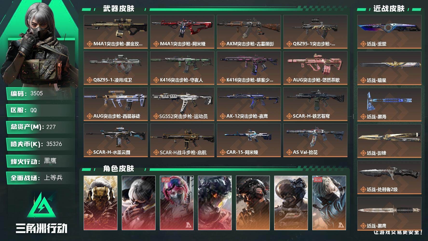 三角洲行动账号QQ227m总资产-35326k哈夫币-60烽火等级-黑鹰-38战场等级-上等兵
【干员外观】：红狼-蚀