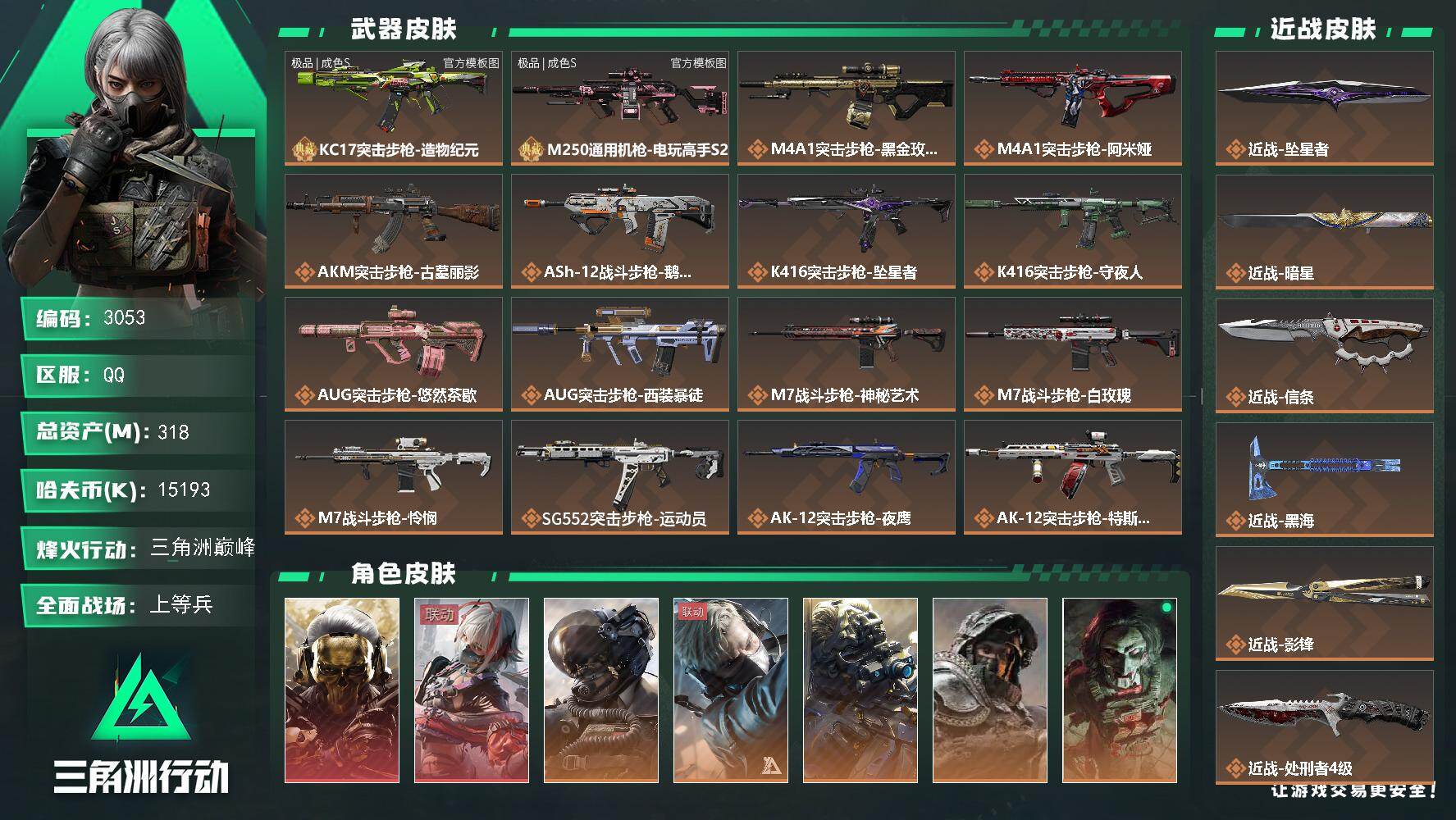 三角洲行动账号QQ318m总资产-15193k哈夫币-60烽火等级-三角洲巅峰-50战场等级-上等兵
【干员外观】：红