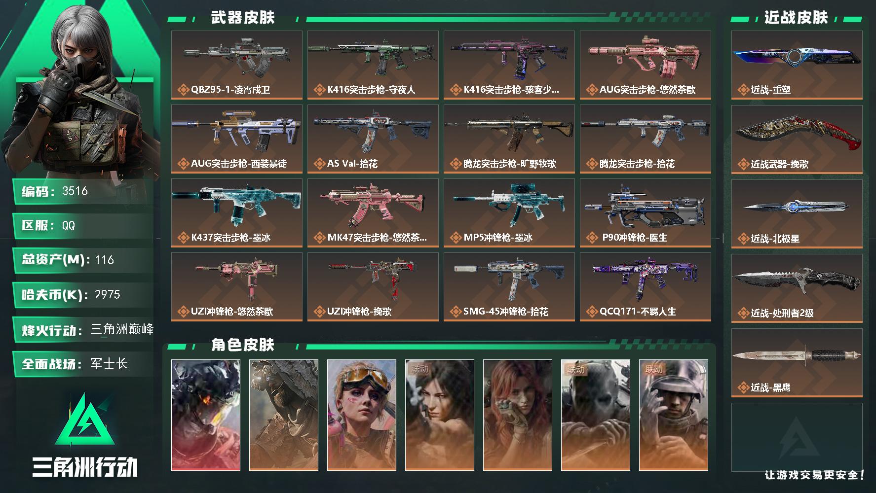 116m总资产-2975k哈夫币-60烽火等级-三角洲巅峰-41战场等级-军士长
【干员外观】：威龙-凌霄戍卫，乌鲁鲁-荒原猎手，蛊-不羁人生，露娜-劳拉·克劳馥，疾风-西部往事，无名-守夜人，蜂医-医生，骇爪-骇客少女
【近战皮肤】：近战-重塑，近战-挽歌，近战-北极星，近战-处刑者2级，近战-黑鹰
【传说外观】：QBZ95-1突击步枪-凌霄戍卫，K416突击步枪-守夜人，K416突击步枪-