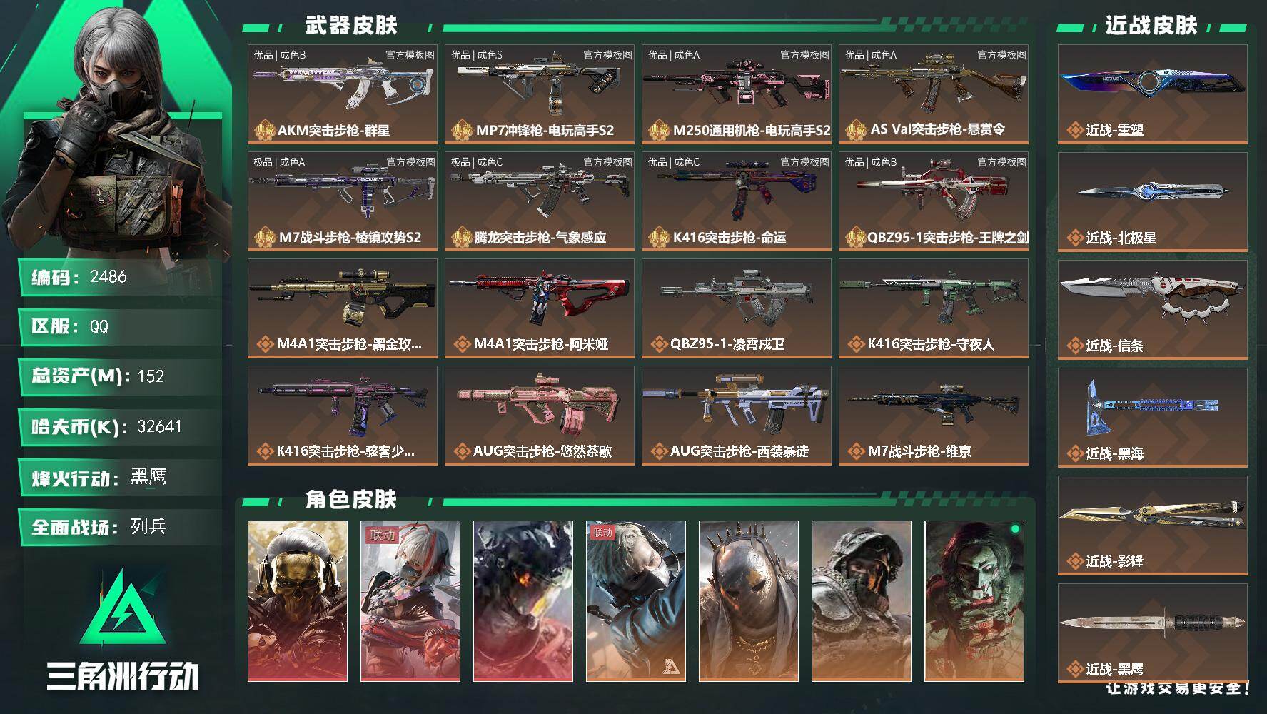 三角洲行动账号QQ152m总资产-32641k哈夫币-60烽火等级-黑鹰-20战场等级-列兵
【干员外观】：红狼-蚀金