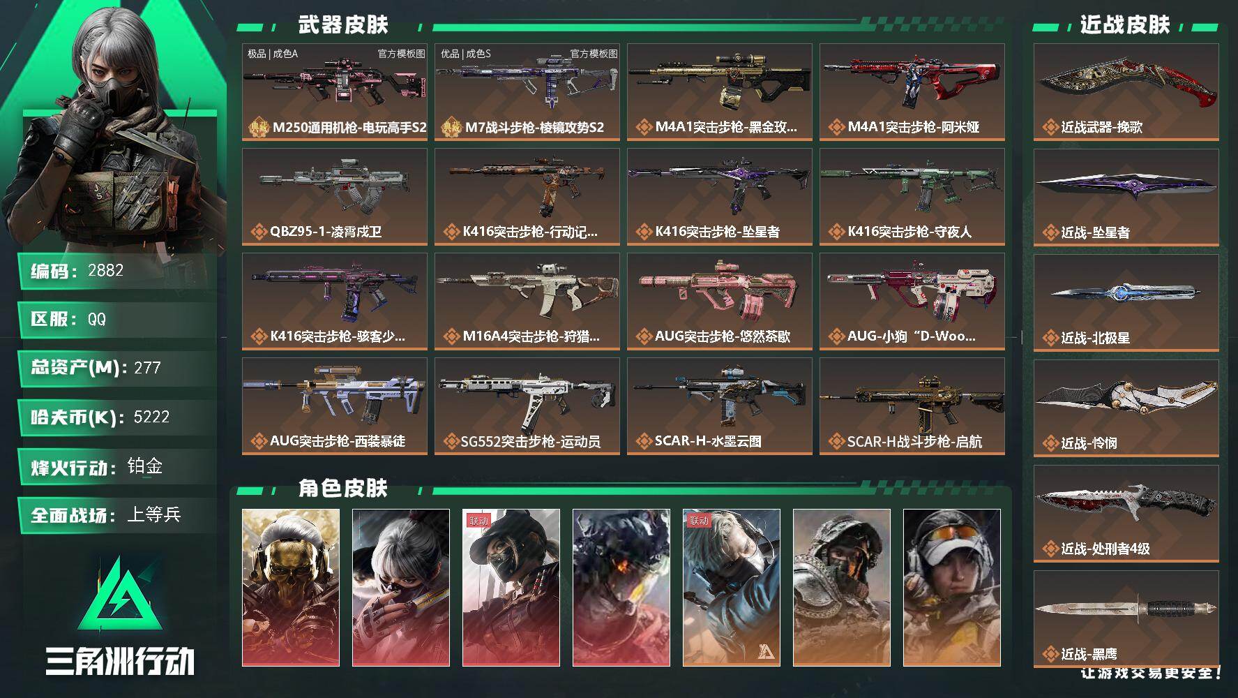 三角洲行动账号QQ277m总资产-5222k哈夫币-60烽火等级-铂金-42战场等级-上等兵
【干员外观】：红狼-蚀金