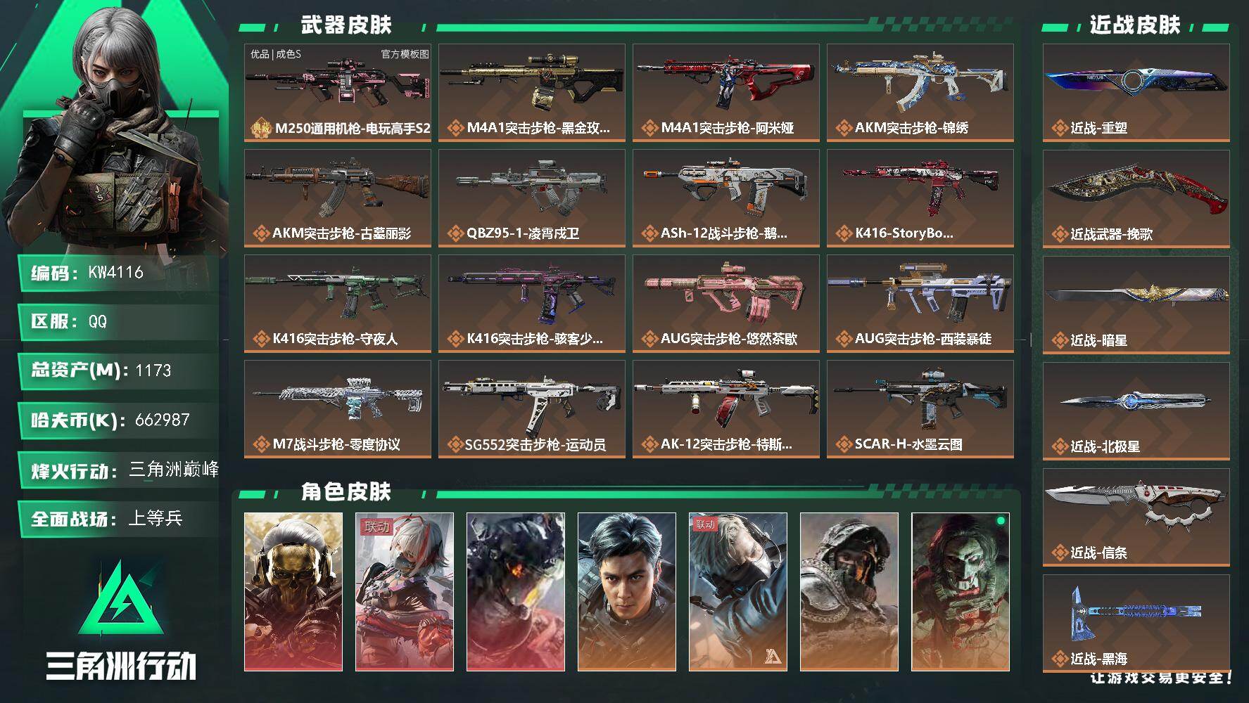 三角洲行动账号QQ【KW4116】总资产1173M/哈夫币66298万/传说近战数10/干员外观数15/典藏外观数1/传说枪皮数67/战场等级27/行动等级60/安全箱等时效性道具以游戏内数据为准，详情请看图/肘击王