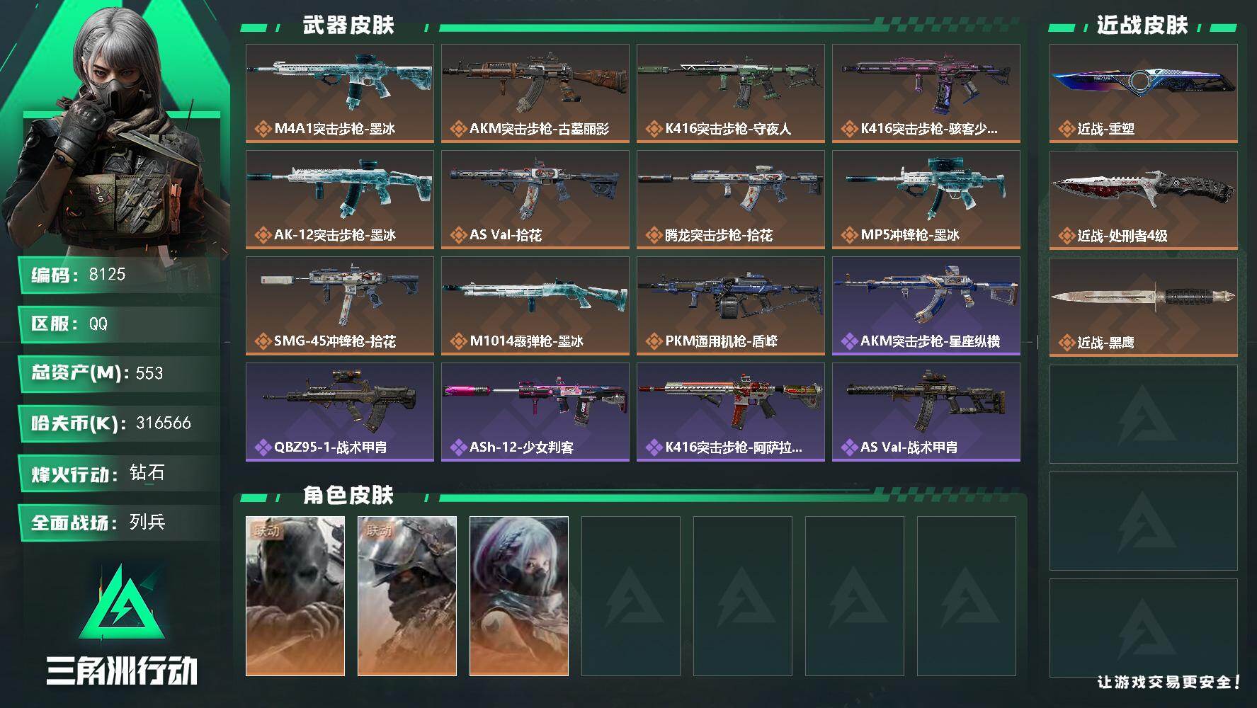 三角洲行动账号QQ【8125】553m总资产316566k哈夫币60烽火等级钻石15战场等级列兵
【干员外观】无名守夜