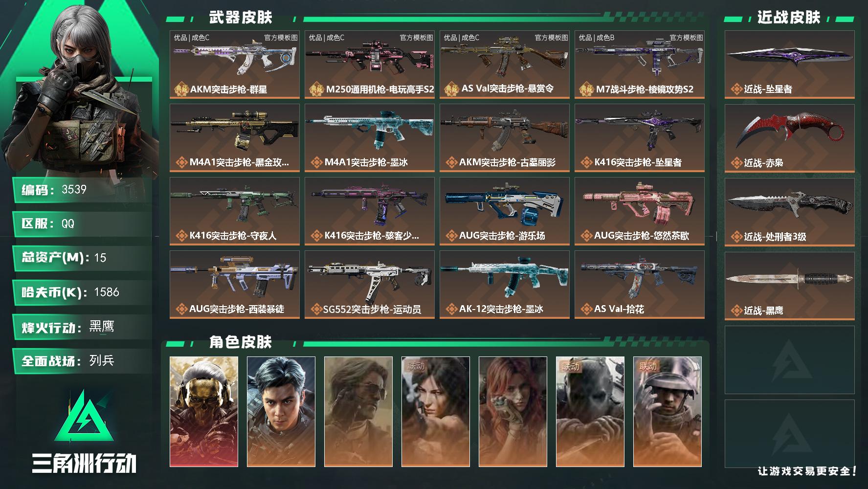 15m总资产-1586k哈夫币-60烽火等级-黑鹰-21战场等级-列兵
【干员外观】：红狼-蚀金玫瑰，威龙-飞虎，银翼-未结卷宗，露娜-劳拉·克劳馥，疾风-西部往事，无名-守夜人，蜂医-医生，骇爪-骇客少女
【近战皮肤】：近战-坠星者，近战-赤枭，近战-处刑者3级，近战-黑鹰
【典藏外观】：AKM突击步枪-群星，M250通用机枪-电玩高手S2，AS Val突击步枪-悬赏令，M7战斗步枪-棱镜攻