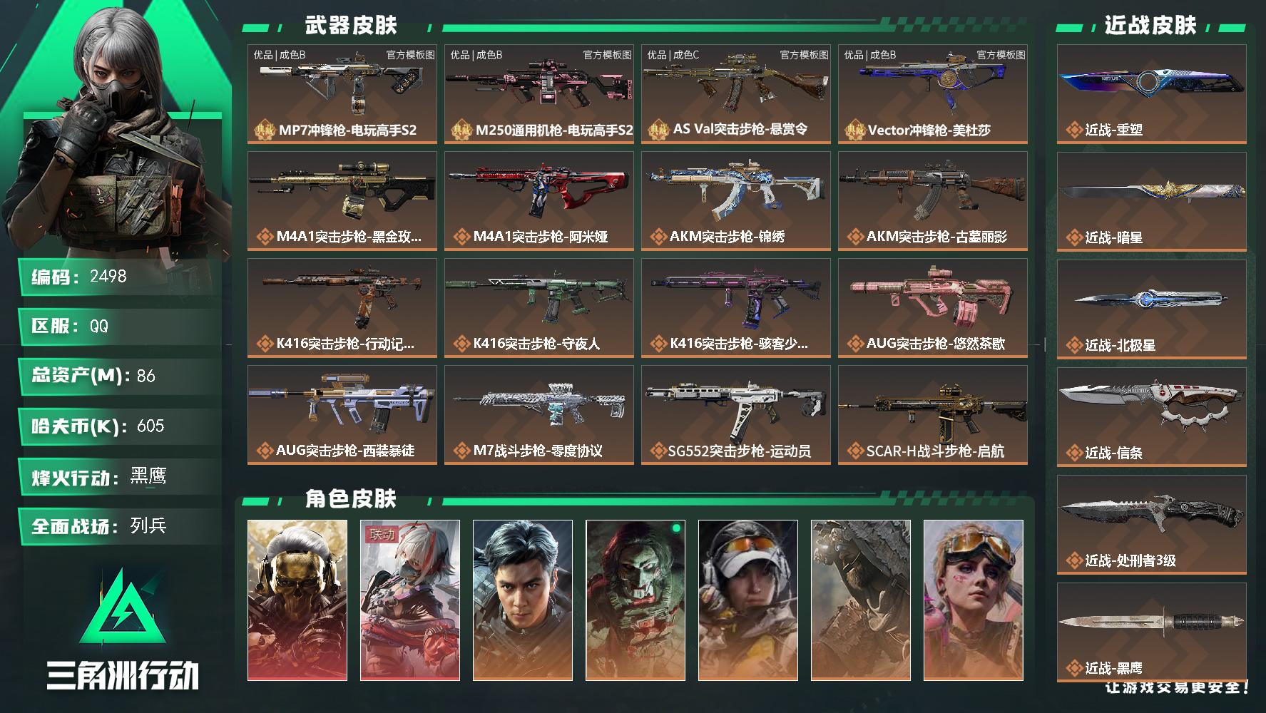 86m总资产-605k哈夫币-60烽火等级-黑鹰-50战场等级-列兵
【干员外观】：红狼-蚀金玫瑰，骇爪-维什戴尔，威龙-飞虎，红狼-电锯惊魂，露娜-金牌射手，乌鲁鲁-荒原猎手，蛊-不羁人生，银翼-未结卷宗，疾风-西部往事，无名-守夜人，深蓝-盾峰，骇爪-骇客少女
【近战皮肤】：近战-重塑，近战-暗星，近战-北极星，近战-信条，近战-处刑者3级，近战-黑鹰
【典藏外观】：MP7冲锋枪-电玩高手