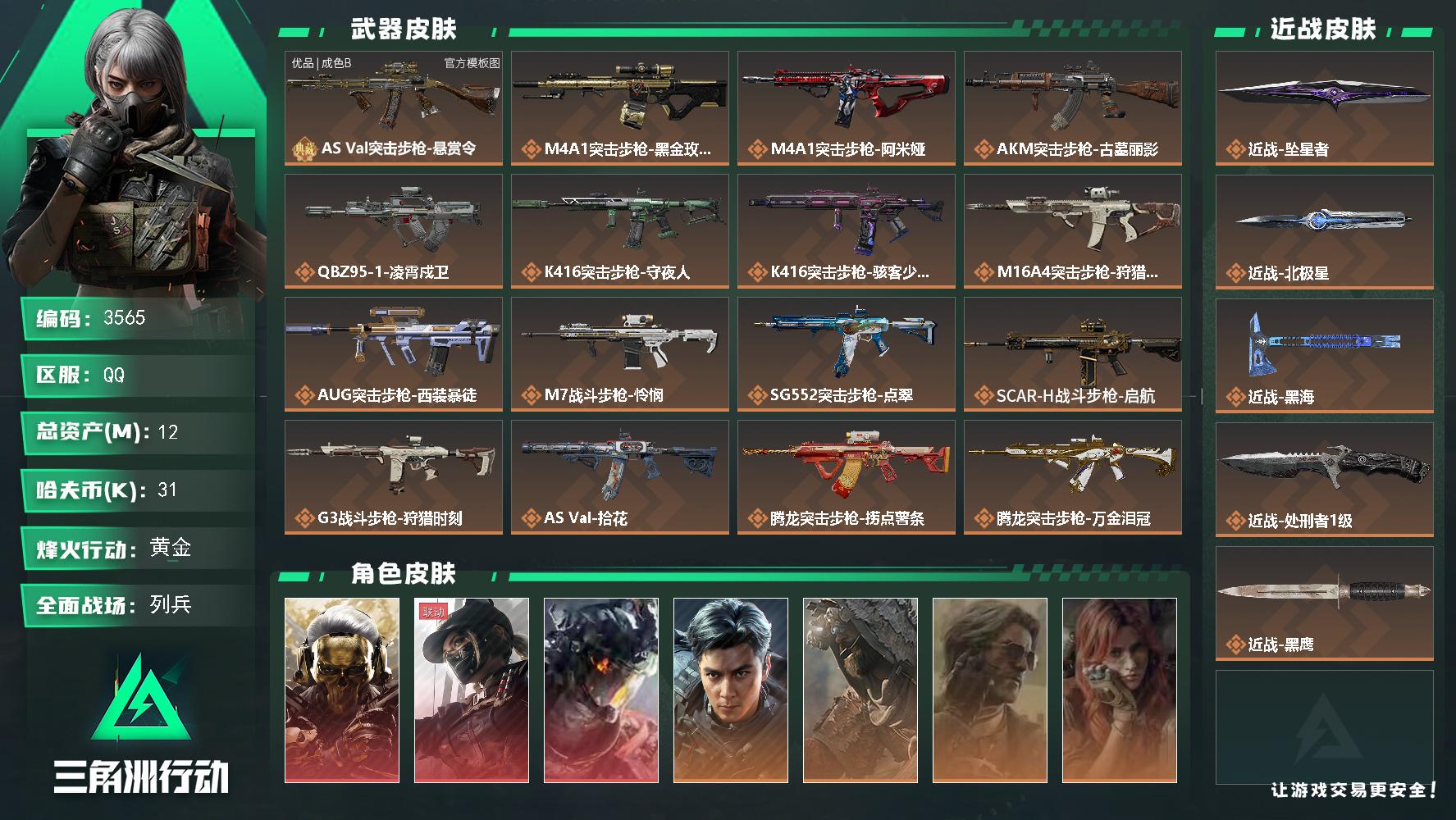 12m总资产-31k哈夫币-60烽火等级-黄金-15战场等级-列兵
【干员外观】：红狼-蚀金玫瑰，露娜-黑·天际线，威龙-凌霄戍卫，威龙-飞虎，乌鲁鲁-荒原猎手，银翼-未结卷宗，疾风-西部往事，无名-守夜人，蜂医-医生，骇爪-骇客少女
【近战皮肤】：近战-坠星者，近战-北极星，近战-黑海，近战-处刑者1级，近战-黑鹰
【典藏外观】：AS Val突击步枪-悬赏令
【典藏外观成色】：AS Val突