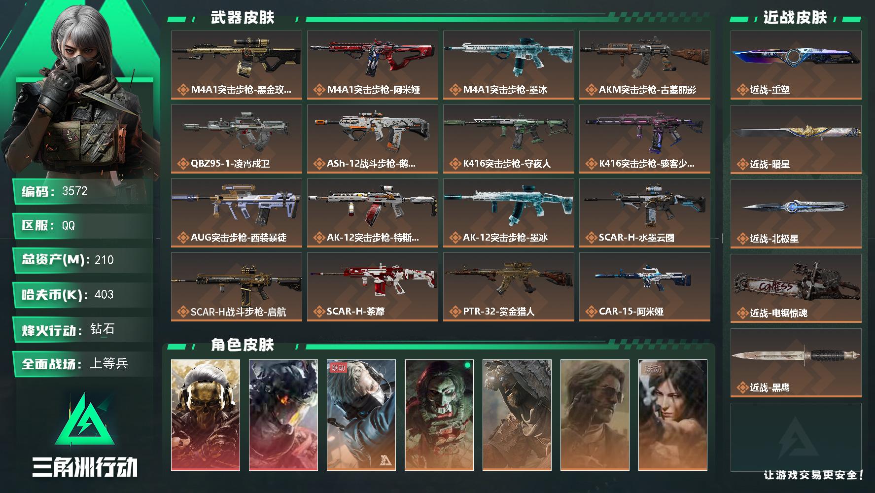 210m总资产-403k哈夫币-60烽火等级-钻石-47战场等级-上等兵
【干员外观】：红狼-蚀金玫瑰，威龙-凌霄戍卫，蜂医-送葬人·无题密令，红狼-电锯惊魂，乌鲁鲁-荒原猎手，银翼-未结卷宗，露娜-劳拉·克劳馥，疾风-西部往事，无名-守夜人，深蓝-盾峰
【近战皮肤】：近战-重塑，近战-暗星，近战-北极星，近战-电锯惊魂，近战-黑鹰
【传说外观】：M4A1突击步枪-蚀金玫瑰，M4A1突击步枪-