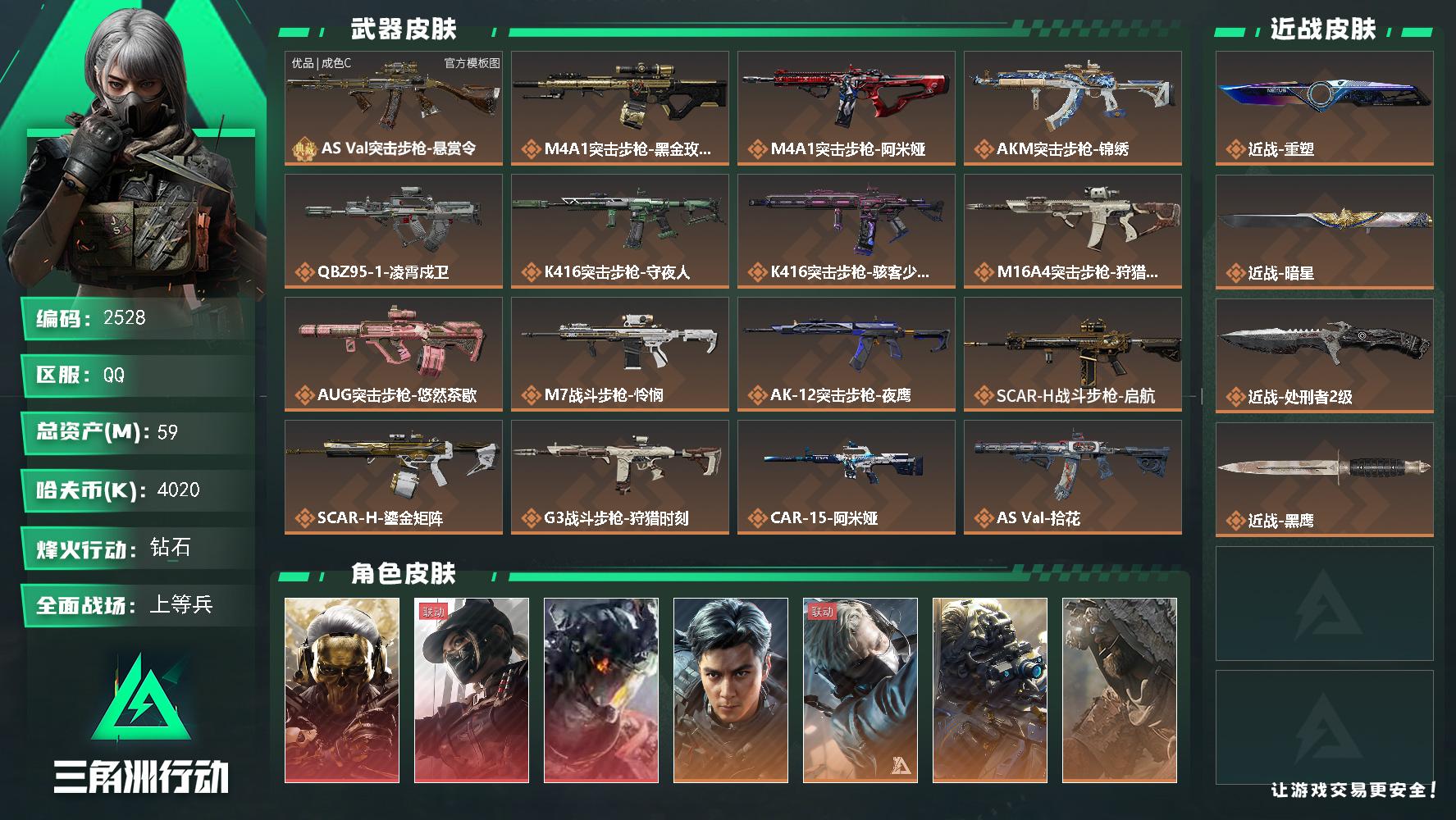 59m总资产-4020k哈夫币-60烽火等级-钻石-26战场等级-上等兵
【干员外观】：红狼-蚀金玫瑰，露娜-黑·天际线，威龙-凌霄戍卫，威龙-飞虎，蜂医-送葬人·无题密令，无名-夜鹰，乌鲁鲁-荒原猎手，蛊-不羁人生，疾风-西部往事，无名-守夜人，深蓝-盾峰，蜂医-医生，骇爪-骇客少女
【近战皮肤】：近战-重塑，近战-暗星，近战-处刑者2级，近战-黑鹰
【典藏外观】：AS Val突击步枪-悬赏