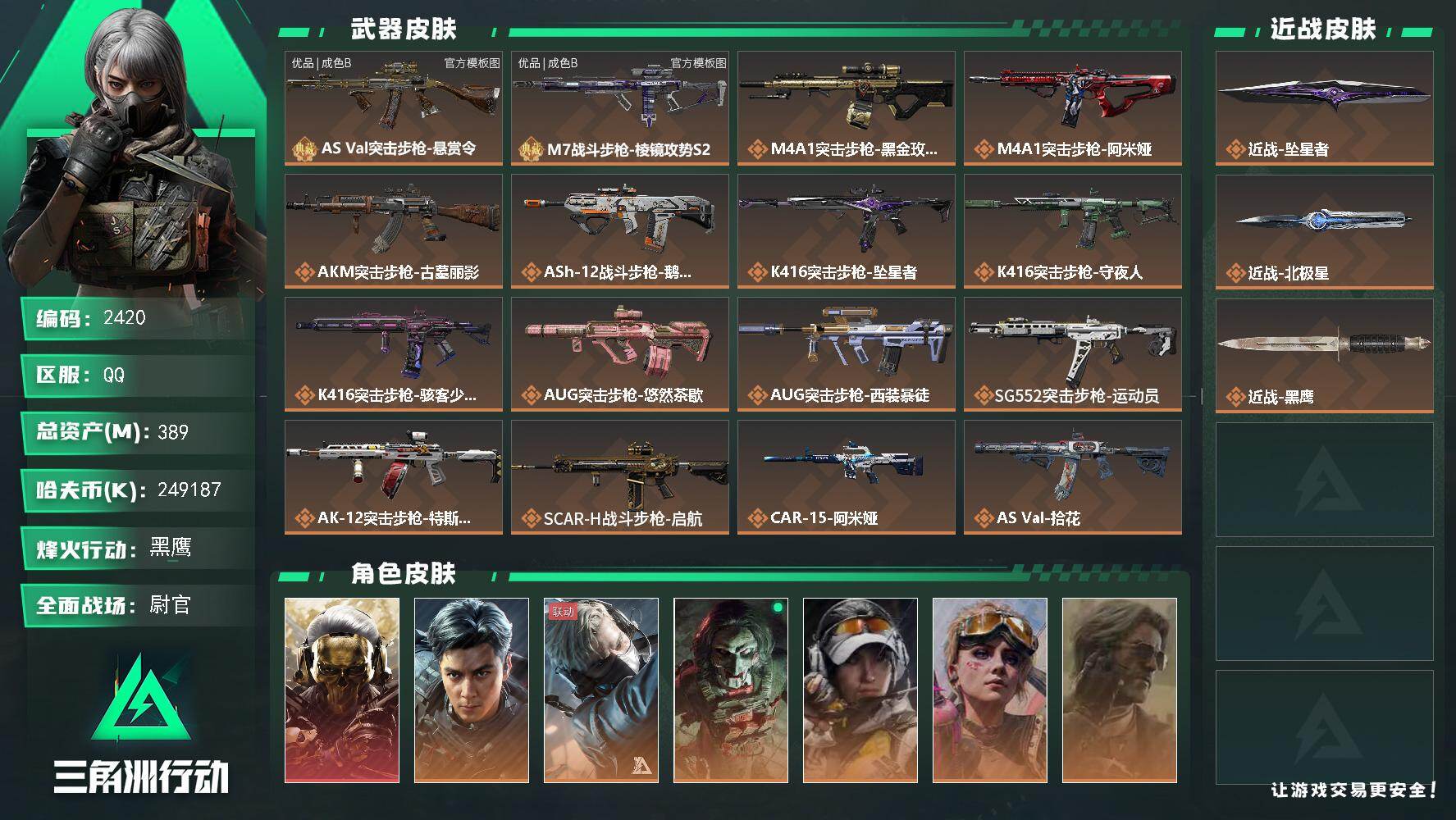 三角洲行动账号QQ389m总资产-k哈夫币-60烽火等级-黑鹰-50战场等级-尉官
【干员外观】：红狼-蚀金玫瑰，威龙