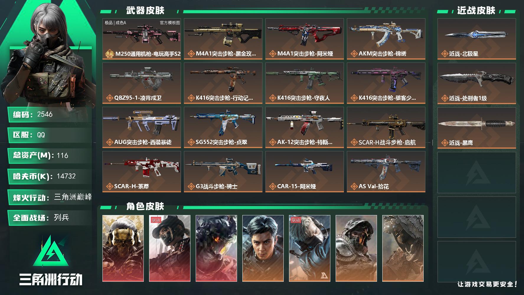 116m总资产-14732k哈夫币-60烽火等级-三角洲巅峰-27战场等级-列兵
【干员外观】：红狼-蚀金玫瑰，露娜-黑·天际线，威龙-凌霄戍卫，威龙-飞虎，蜂医-送葬人·无题密令，深蓝-不破誓约，乌鲁鲁-荒原猎手，蛊-不羁人生，银翼-未结卷宗，露娜-劳拉·克劳馥，疾风-西部往事，无名-守夜人，深蓝-盾峰，骇爪-骇客少女
【近战皮肤】：近战-北极星，近战-处刑者1级，近战-黑鹰
【典藏外观】：
