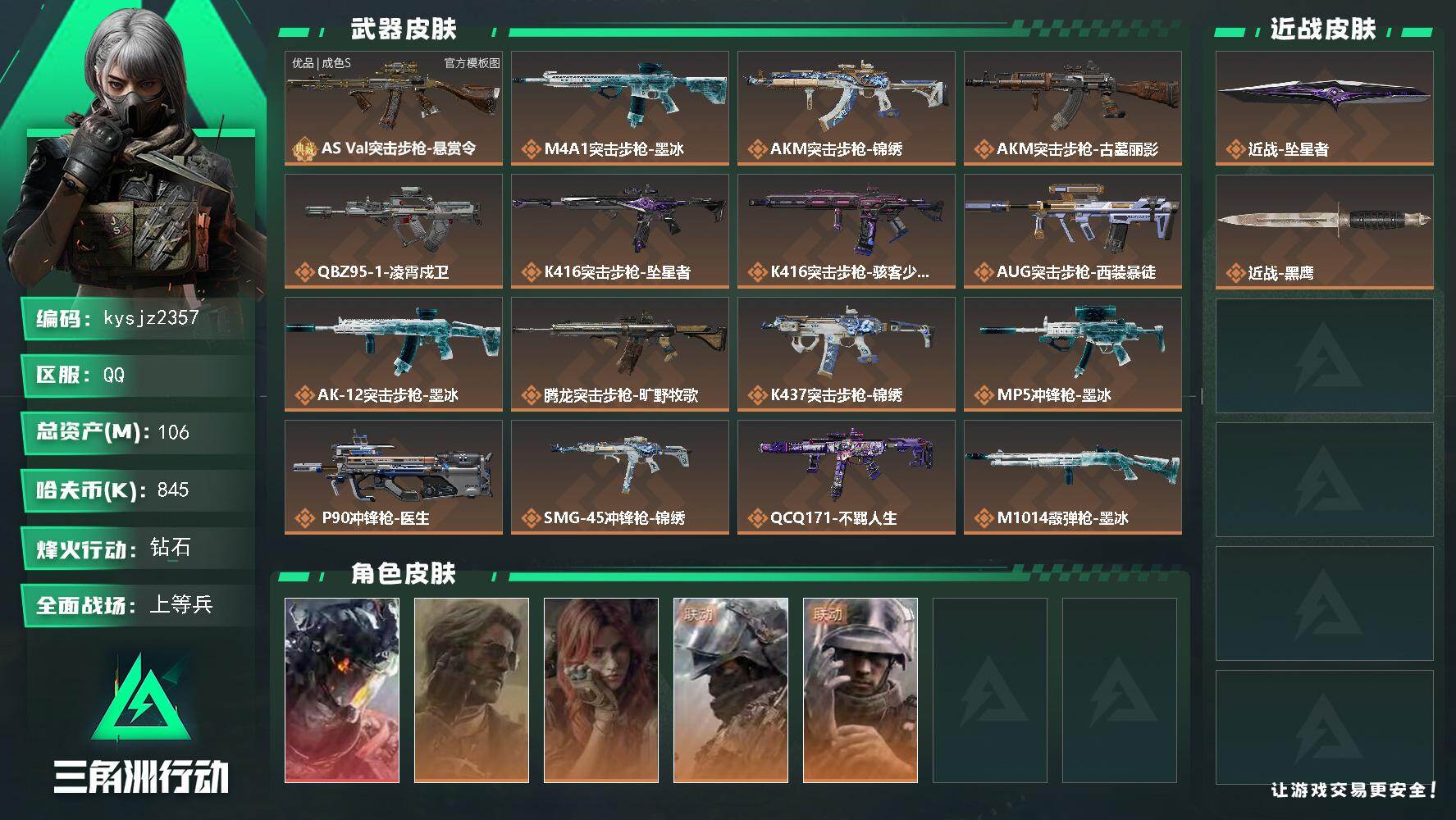 106m总资产-845k哈夫币-60烽火等级-钻石-27战场等级-上等兵
【干员外观】：威龙-凌霄戍卫，银翼-未结卷宗，疾风-西部往事，深蓝-盾峰，蜂医-医生
【近战皮肤】：近战-坠星者，近战-黑鹰
【典藏外观】：AS Val突击步枪-悬赏令
【典藏外观成色】：AS Val突击步枪-悬赏令(优品S)
